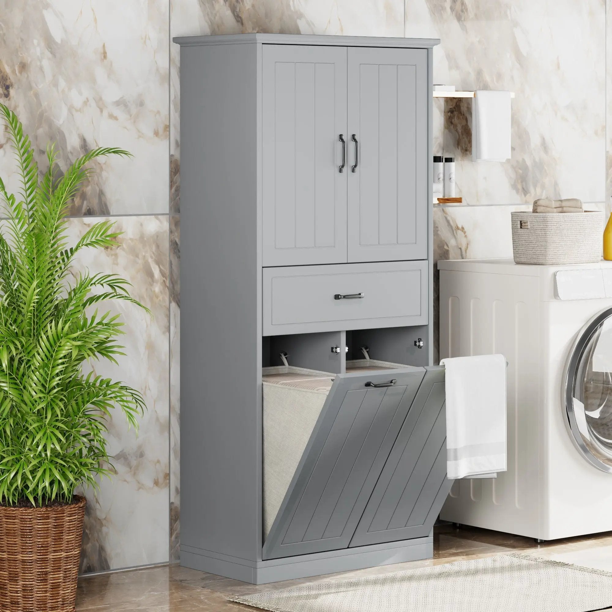 Modern Bathroom Storage Cabinet with Two Laundry Baskets, One Drawer, Adjustable Shelf by HouseOfZazla