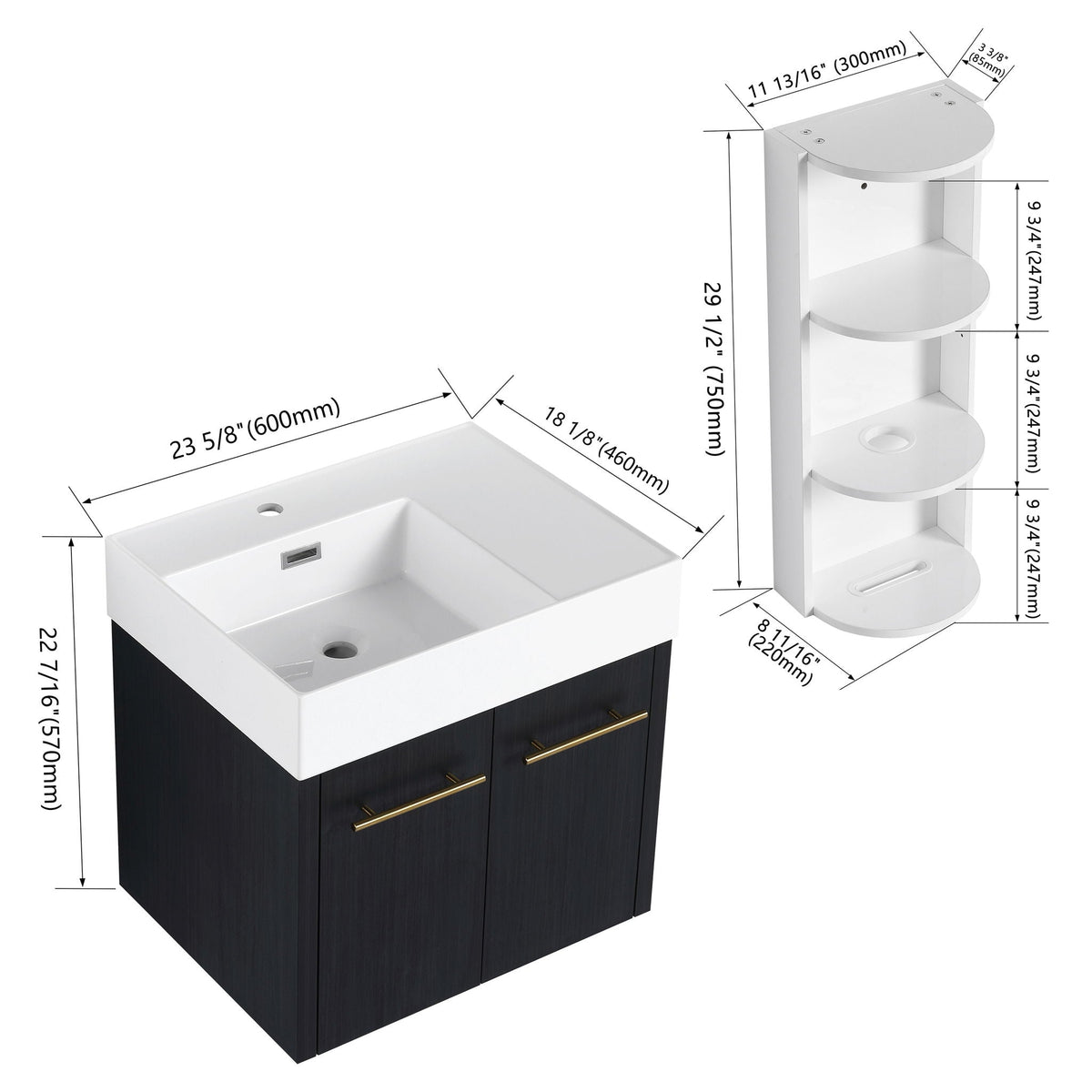 Modern Wall Mounted Bathroom Vanity with Resin Sink - Black, photo 6 of 16