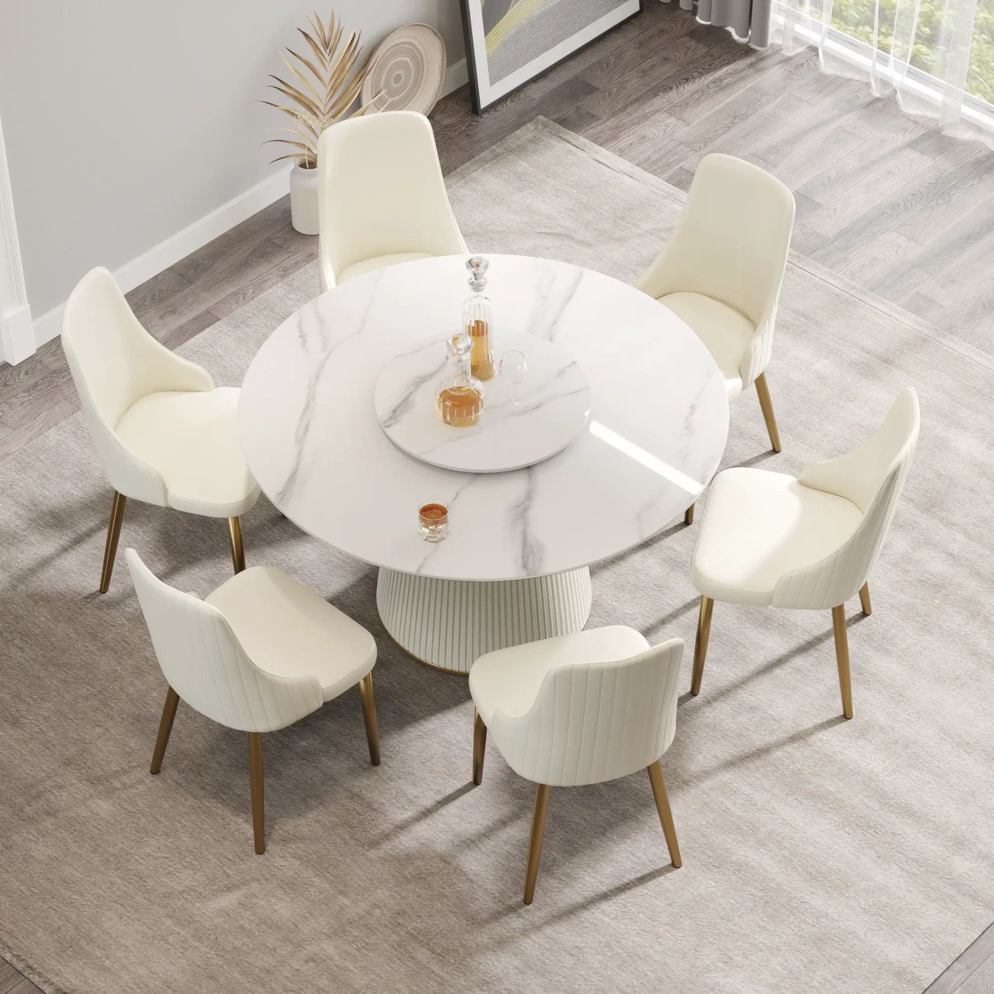 Modern Artificial Stone Round Plywood Base Dining Table, Can Accommodate 6 People, Artificial Stone Turntable (Not Including Chairs) - White / Beige by Unique Piece Furniture