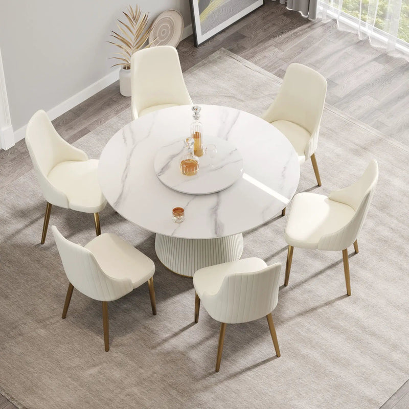 Modern Artificial Stone Round Plywood Base Dining Table, Can Accommodate 6 People, Artificial Stone Turntable (Not Including Chairs) - White / Beige by HouseOfZazla