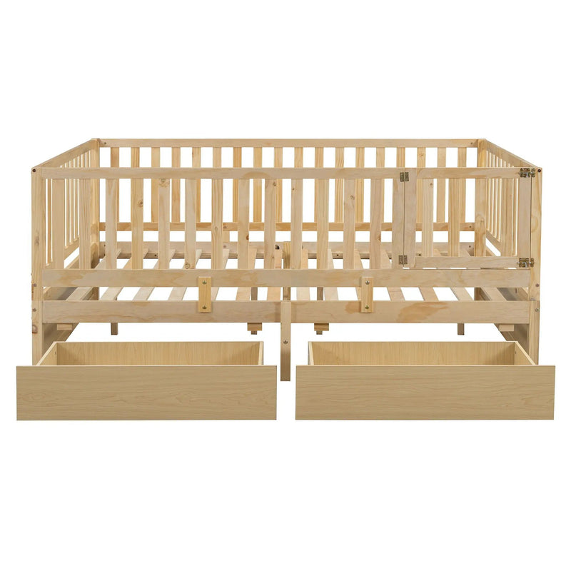 Daybed With Fence Guardrails And 2 Drawers, Split Into Independent Floor Bed & Daybed by HouseOfZazla