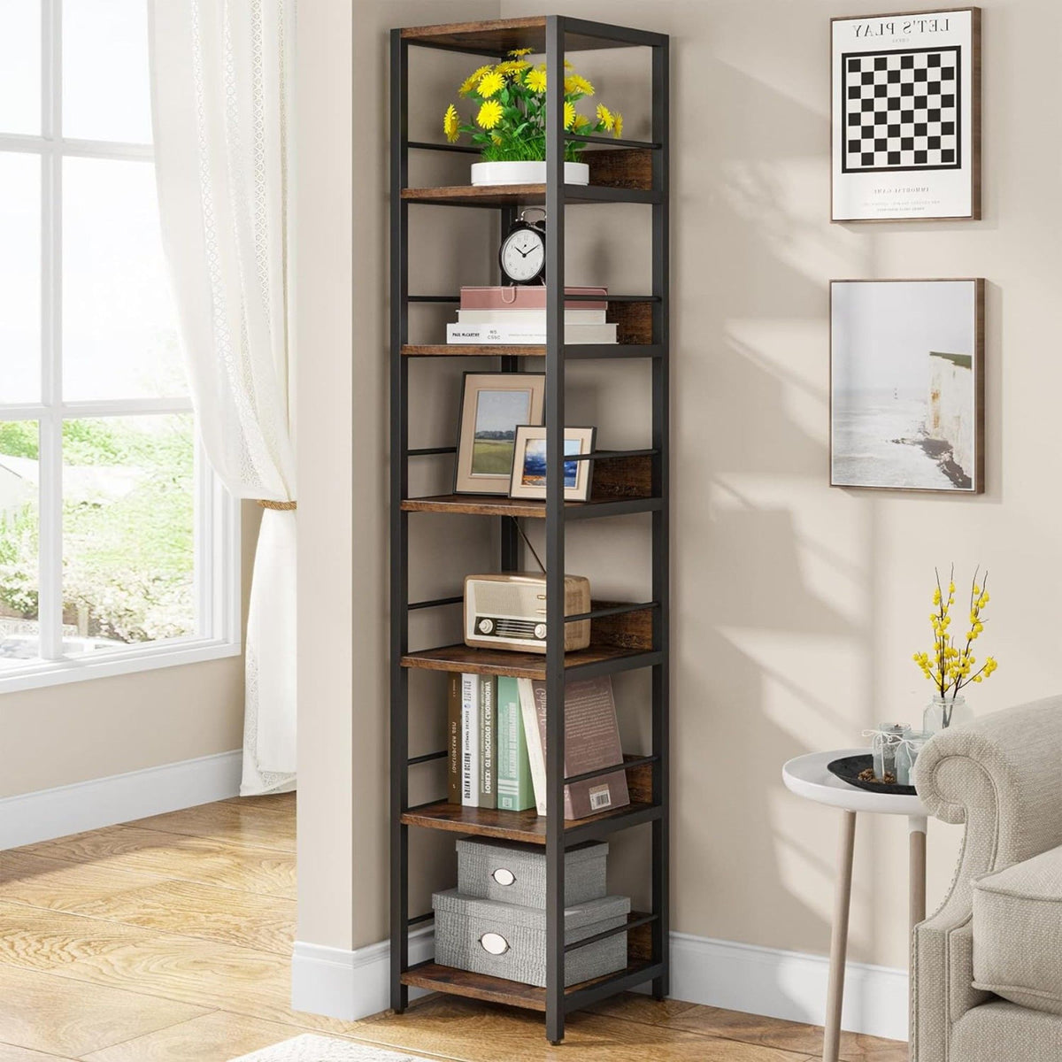 Tall 6 Tier Corner Shelf with Storage - Rustic Brown, photo 2 of 10