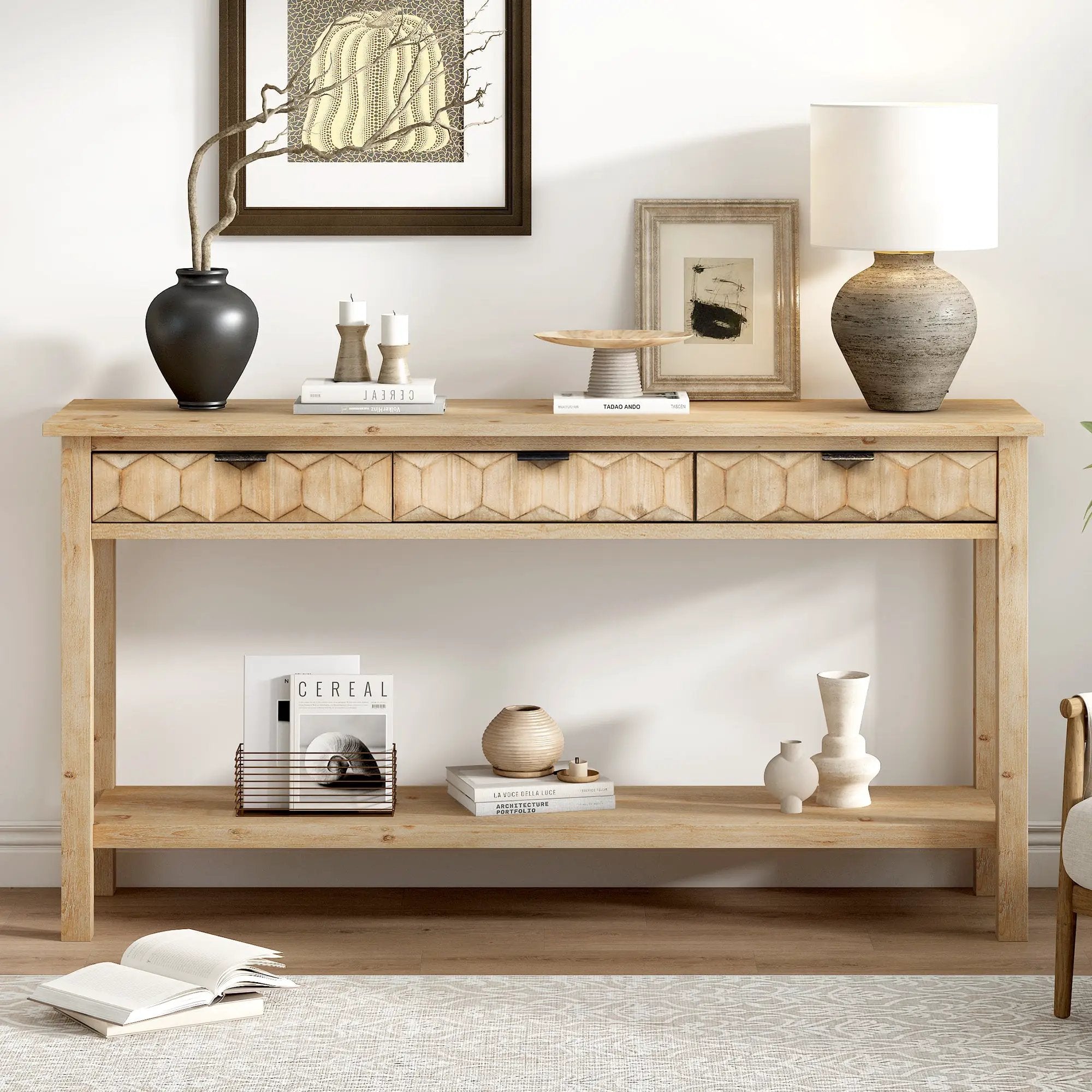 U_Style 58.3'' Fir Veneer Entryway Table with Honeycomb-patterned Fronts by HouseOfZazla