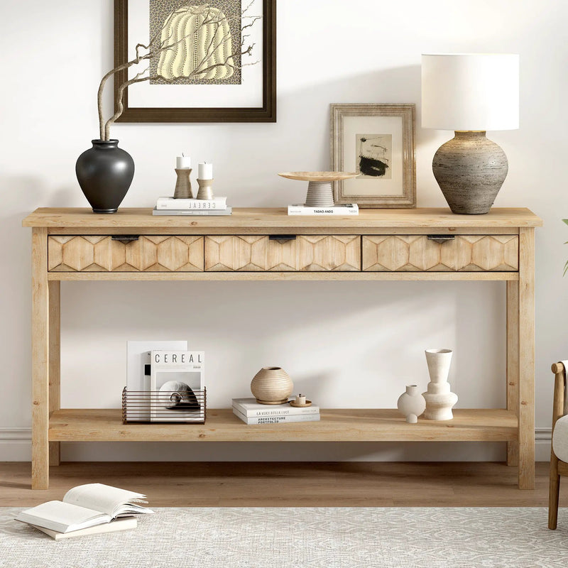 U_Style 58.3'' Fir Veneer Entryway Table with Honeycomb-patterned Fronts by HouseOfZazla