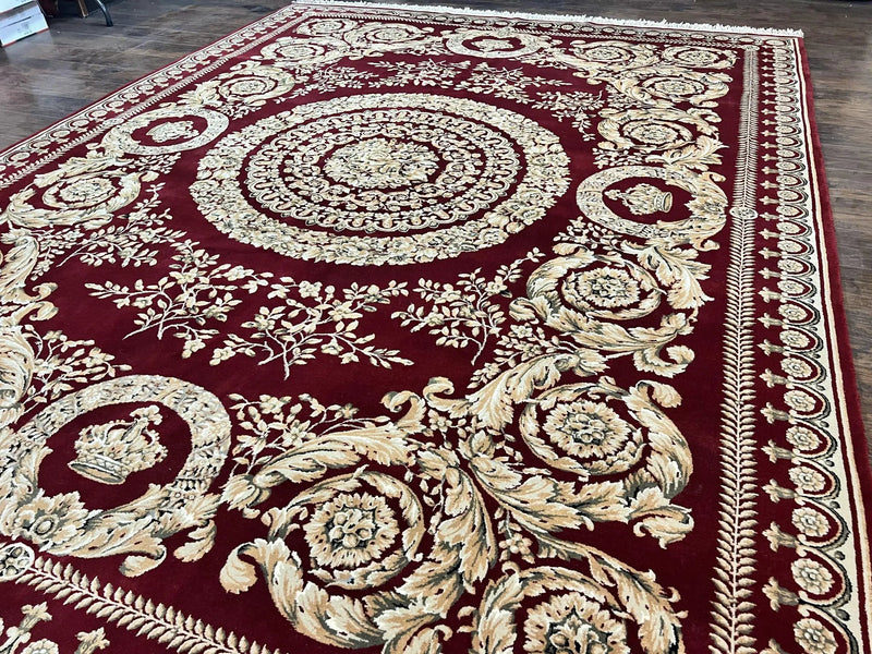 Aubusson Rug 9x12, Wool Handmade Carpet, Elegant French European Design, Dark Maroon Red, 9 x 12 Room Sized Rug, Finely Hand Knotted by Jewel Rugs