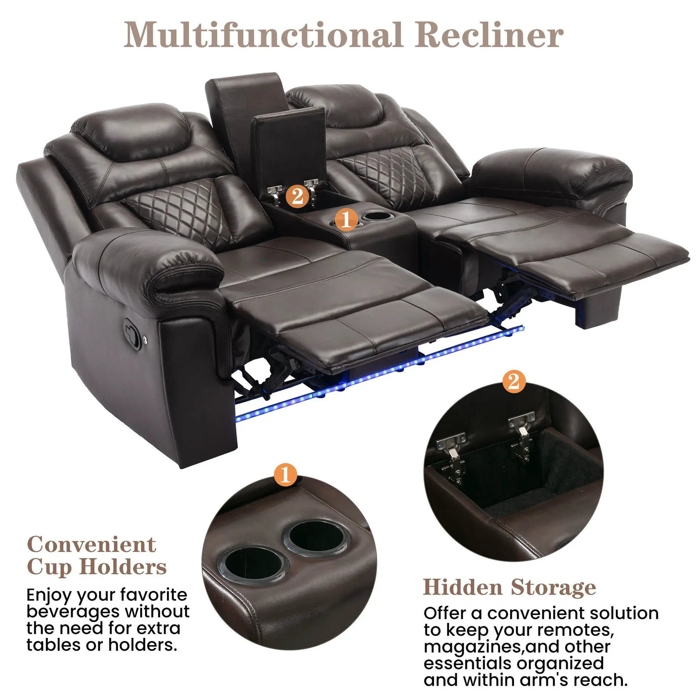 Home Theater Seating Manual Recliner Loveseat With Hide-Away Storage, Cup Holders And Led Light Strip For Living Room by Unique Piece Furniture