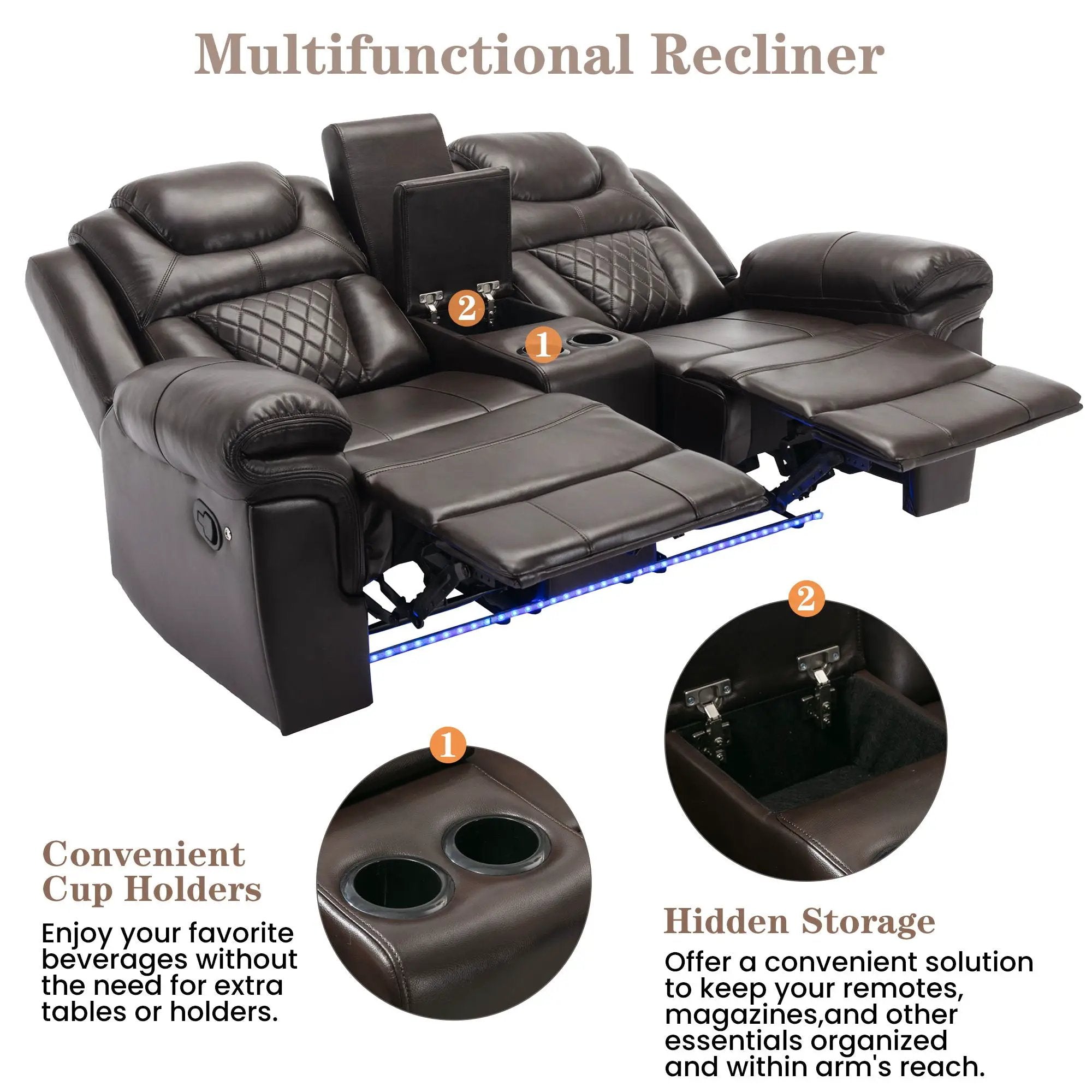 Home Theater Seating Manual Recliner Loveseat With Hide-Away Storage, Cup Holders And Led Light Strip For Living Room by Unique Piece Furniture