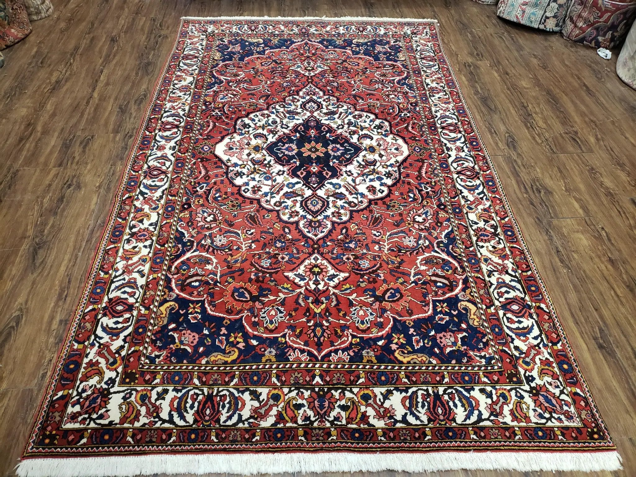 Semi Antique Persian Bakhtiari Rug, Hand-Knotted, Wool, Red, Midnight Blue, Ivory, Floral Medallion, 5'1" x 8' 6" by Jewel Rugs