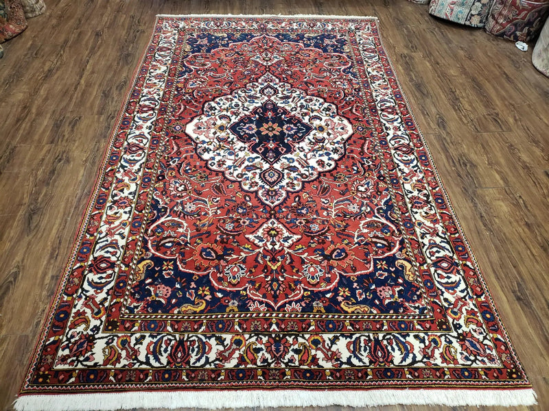 Semi Antique Persian Bakhtiari Rug, Hand-Knotted, Wool, Red, Midnight Blue, Ivory, Floral Medallion, 5'1" x 8' 6" by Jewel Rugs