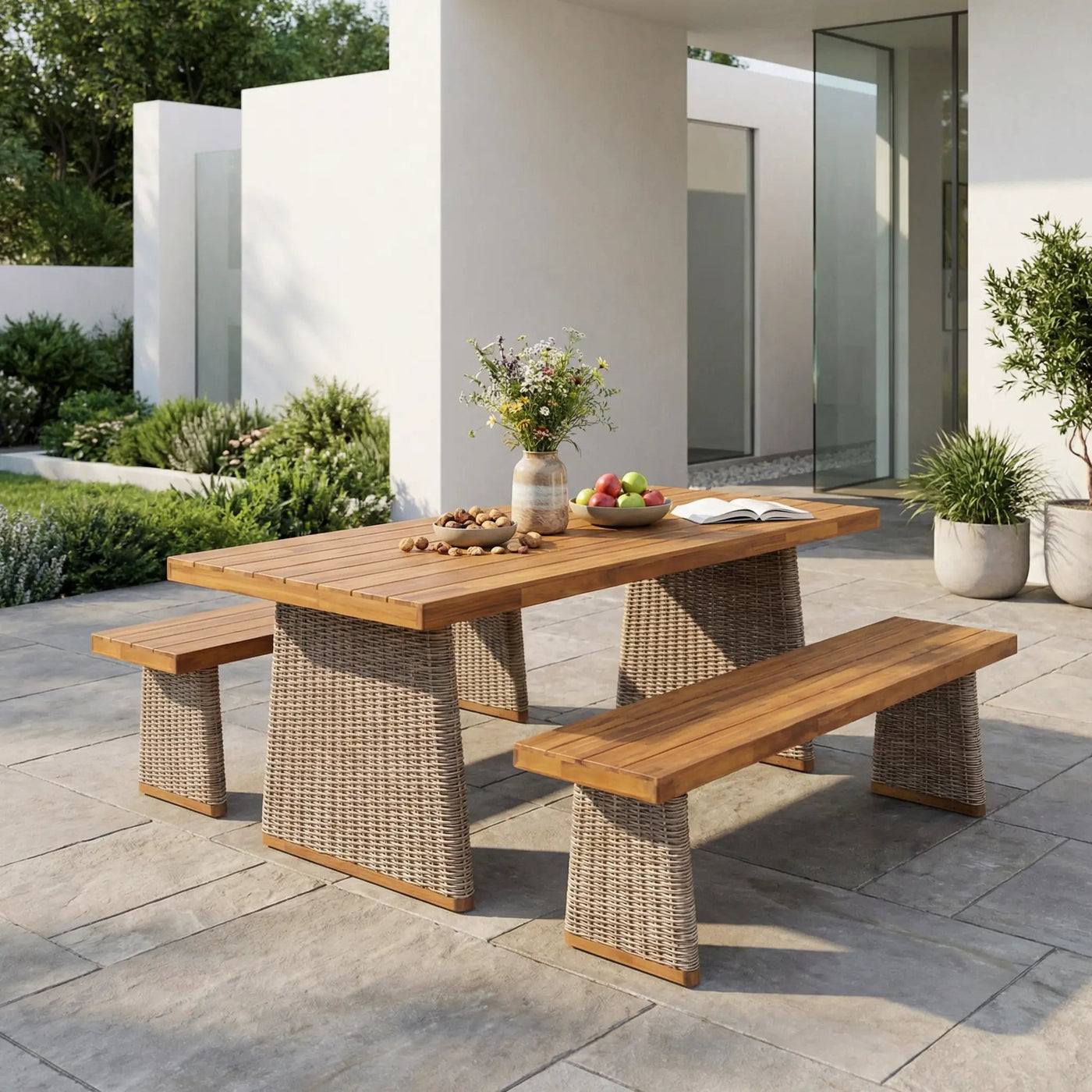 Outdoor 3 Piece Acacia Wood Dining Set with Handwoven Rattan Legs by HouseOfZazla