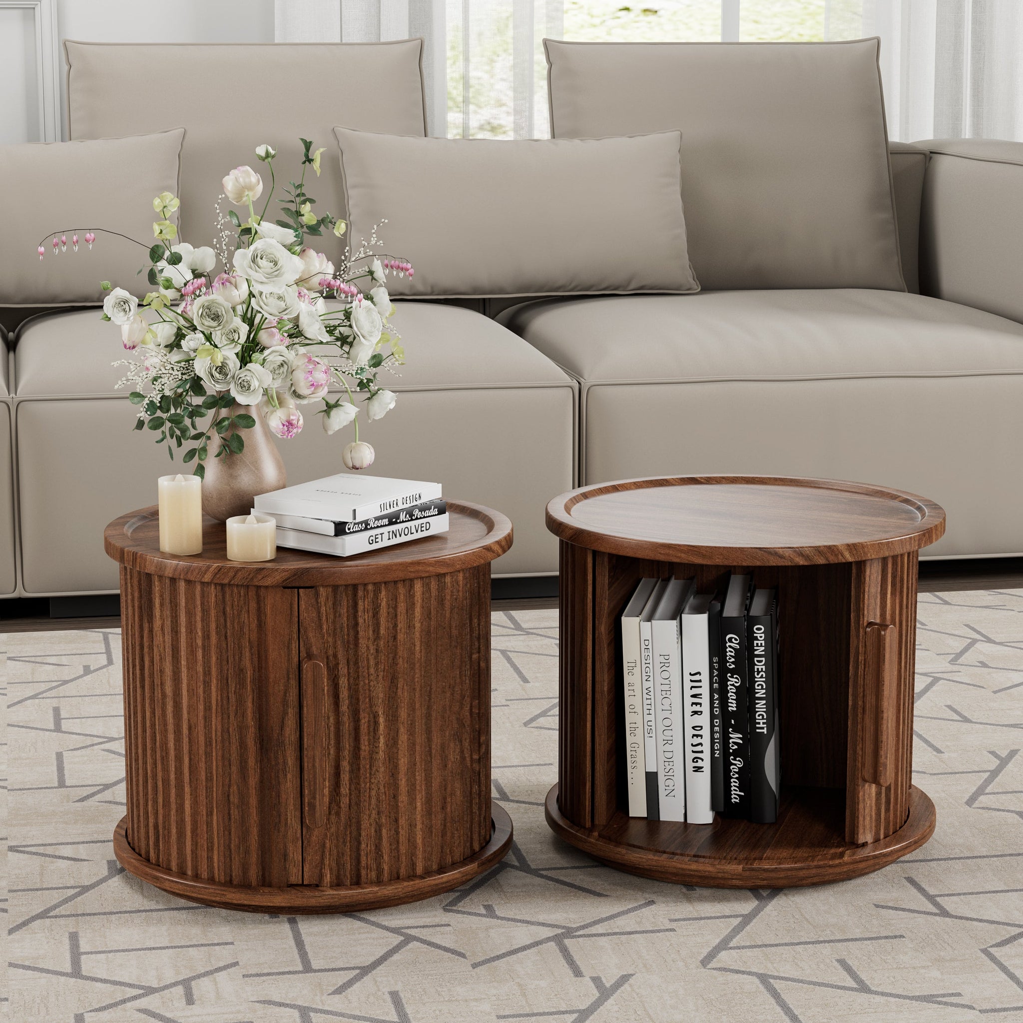 2Piece Round Coffee Table Set, Modern Nesting Side Tables with Sliding Door Storage by HouseOfZazla