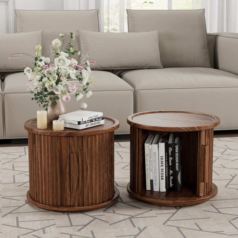 2Piece Round Coffee Table Set, Modern Nesting Side Tables with Sliding Door Storage by HouseOfZazla