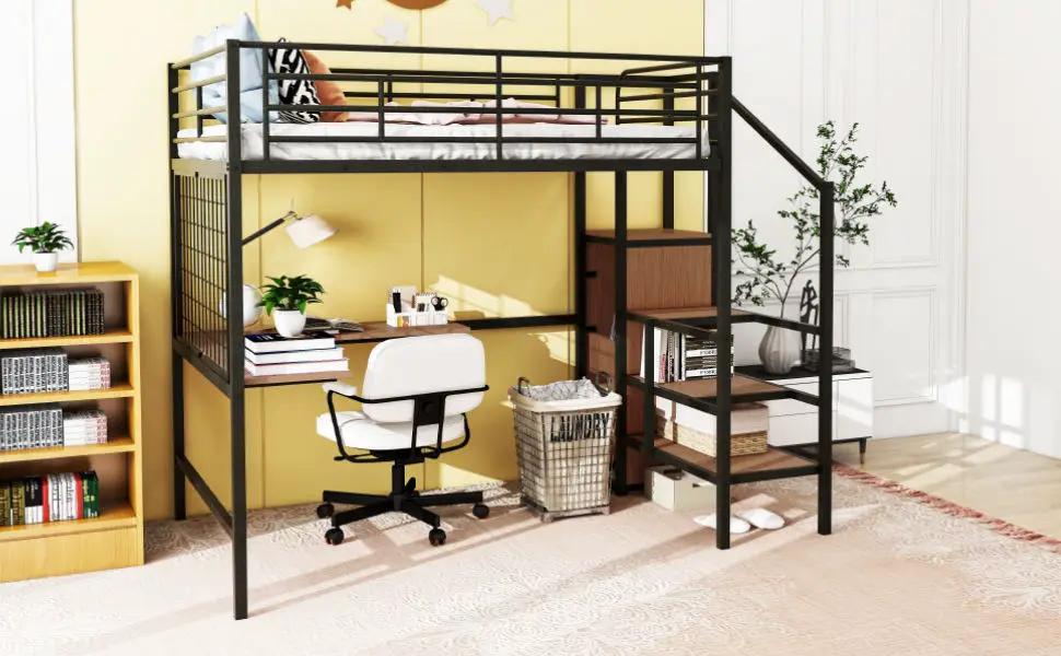 Loft Bed With Desk And Grid, Stylish Frame With Lateral Storage Ladder And Wardrobe by HouseOfZazla