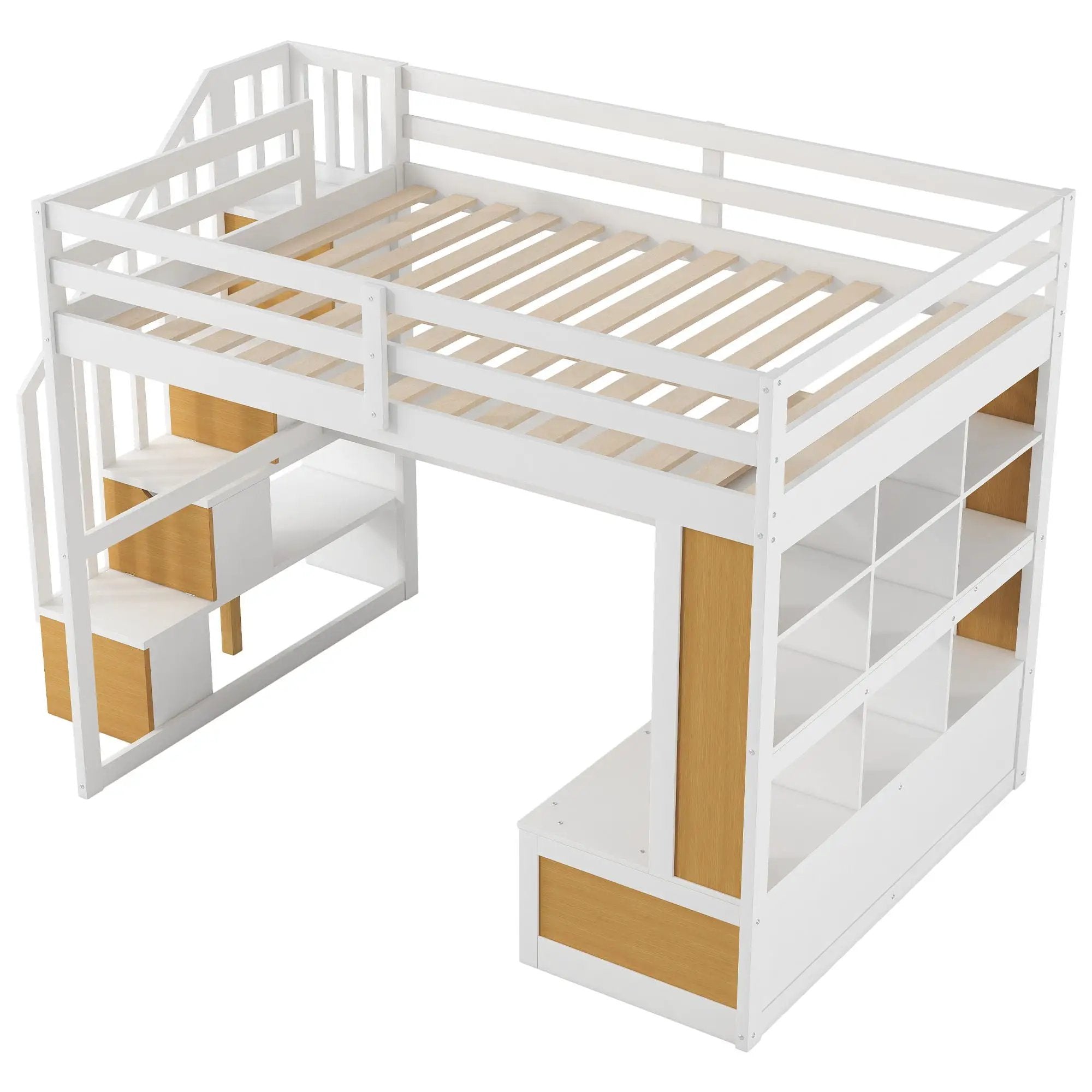 Full Size Loft Bed With Desk And Shelves, 2 Built In Drawers, Storage Staircase - Natural / White by HouseOfZazla