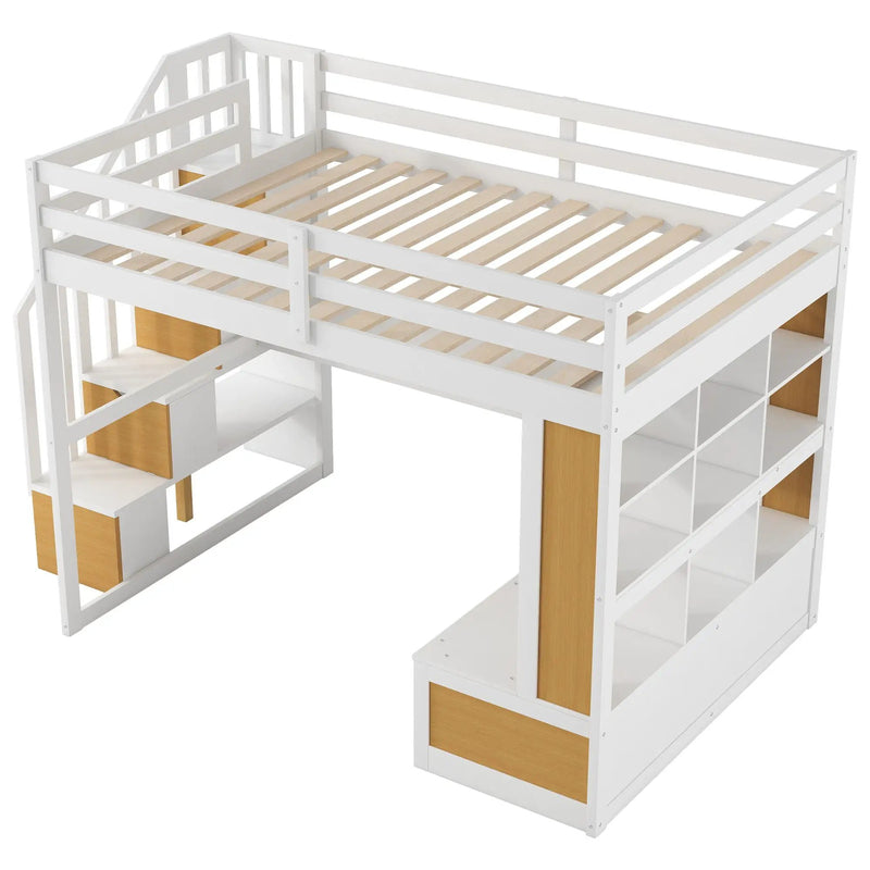 Full Size Loft Bed With Desk And Shelves, 2 Built In Drawers, Storage Staircase - Natural / White by HouseOfZazla