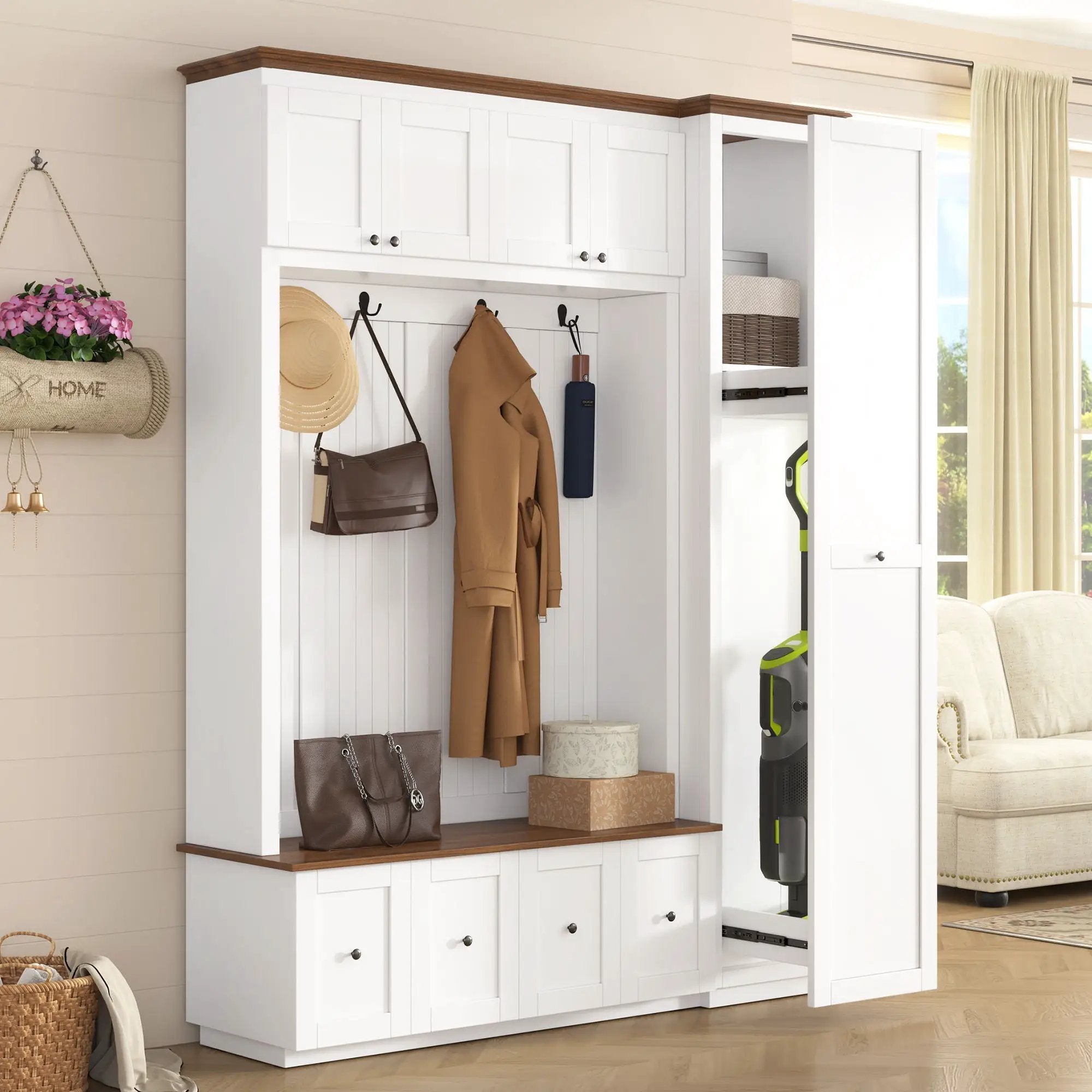 Entryway Hall Tree With Storage Bench, Coat Rack Shoe Bench With Cabinets by Unique Piece Furniture