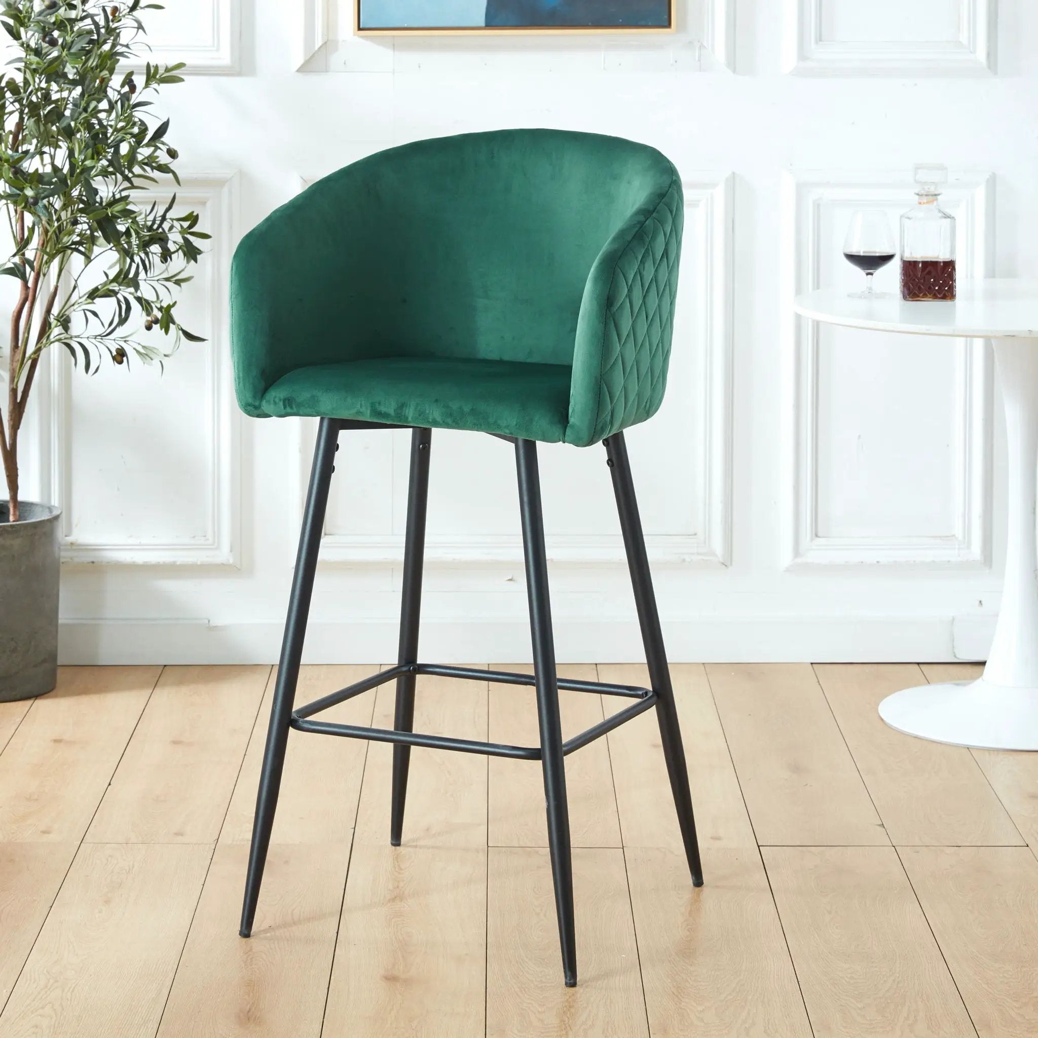 Counter Height Bar Stool, Metal Legs, Velvet Upholstered For Pub, Restaurant, Kitchen Island (Set of 2) - Black / Green by HouseOfZazla