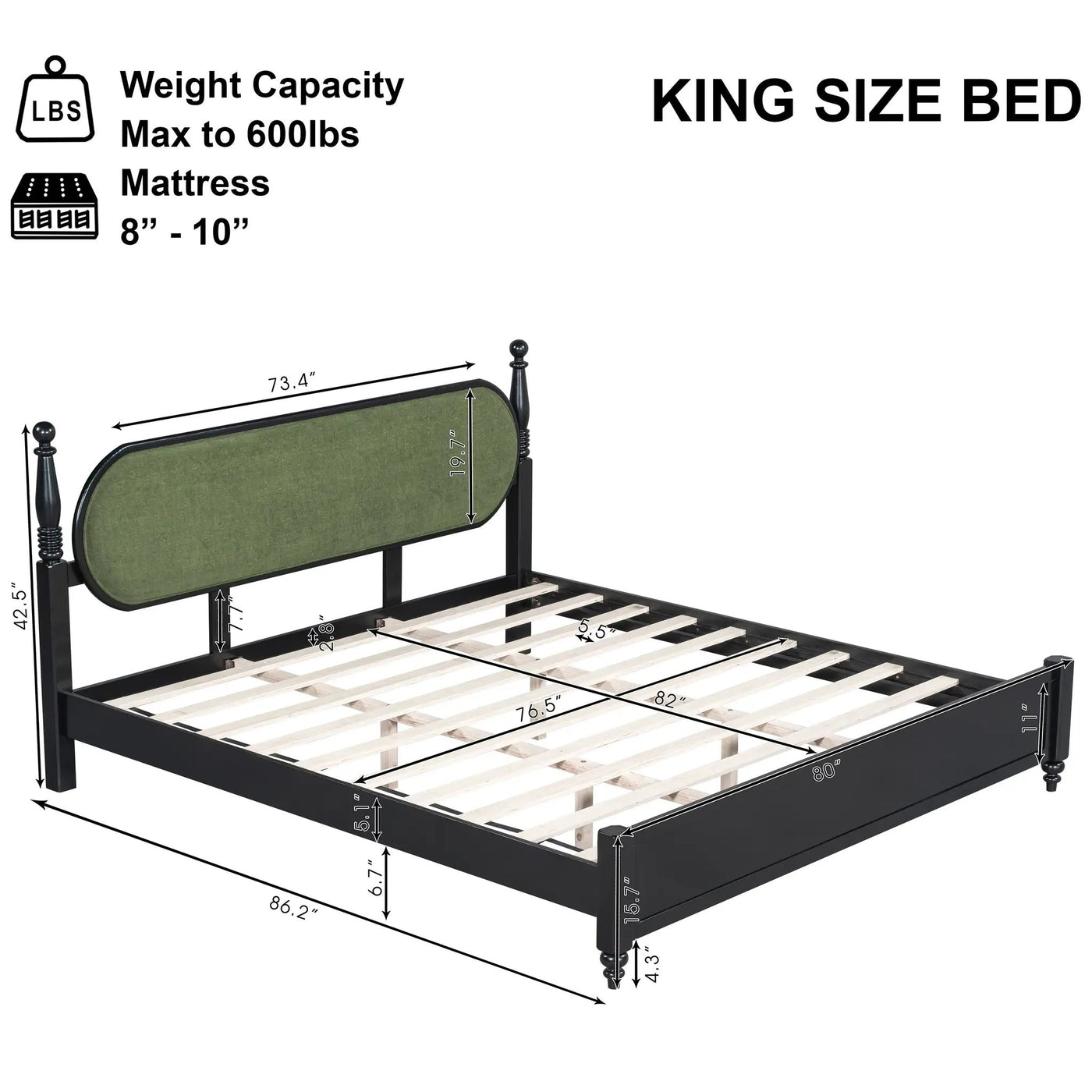 King Bed Frame, Solid Wood Platform with Slats, Modern by HouseOfZazla