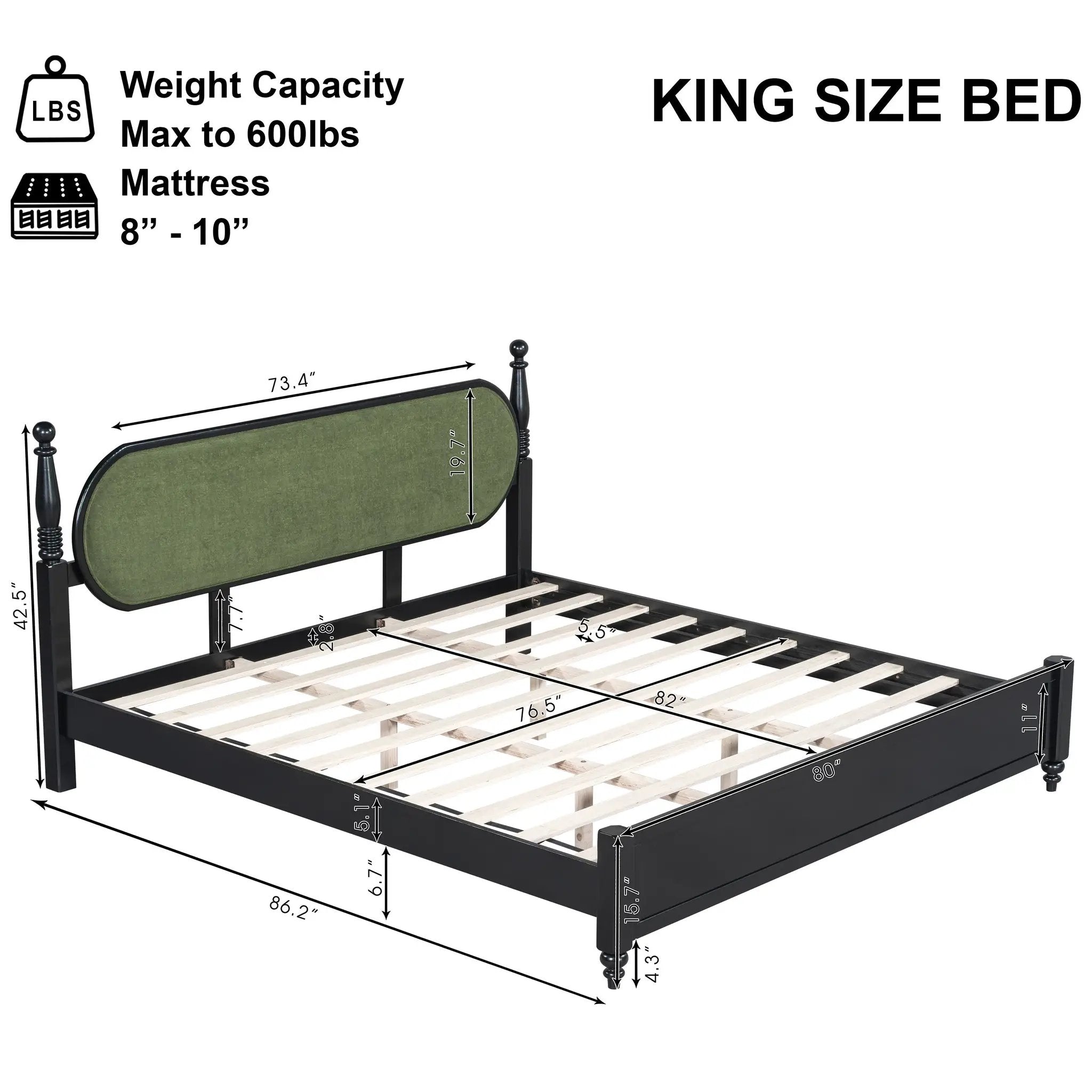 King Bed Frame, Solid Wood Platform with Slats, Modern by HouseOfZazla