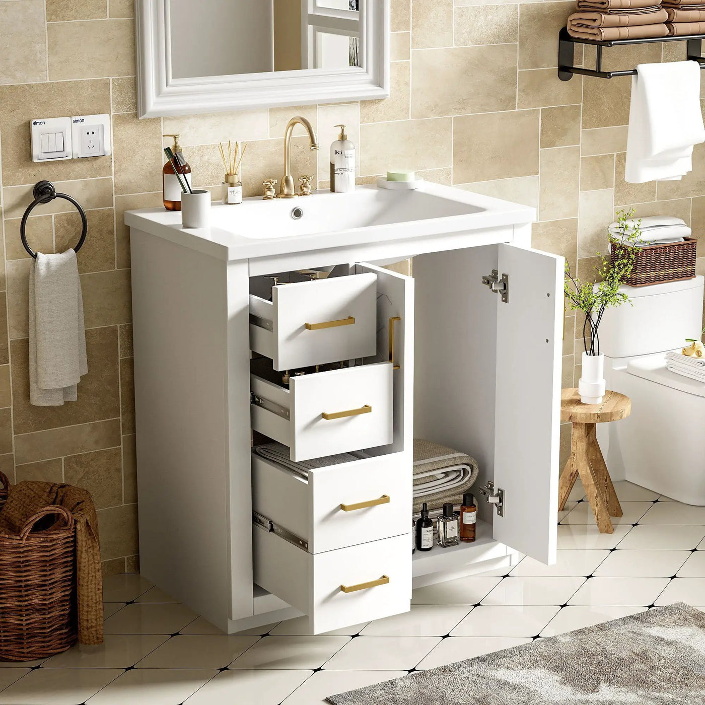 Ceramic Sink Combo, Freestanding Vanity Set With 3 Drawers & Soft Closing Doors by HouseOfZazla