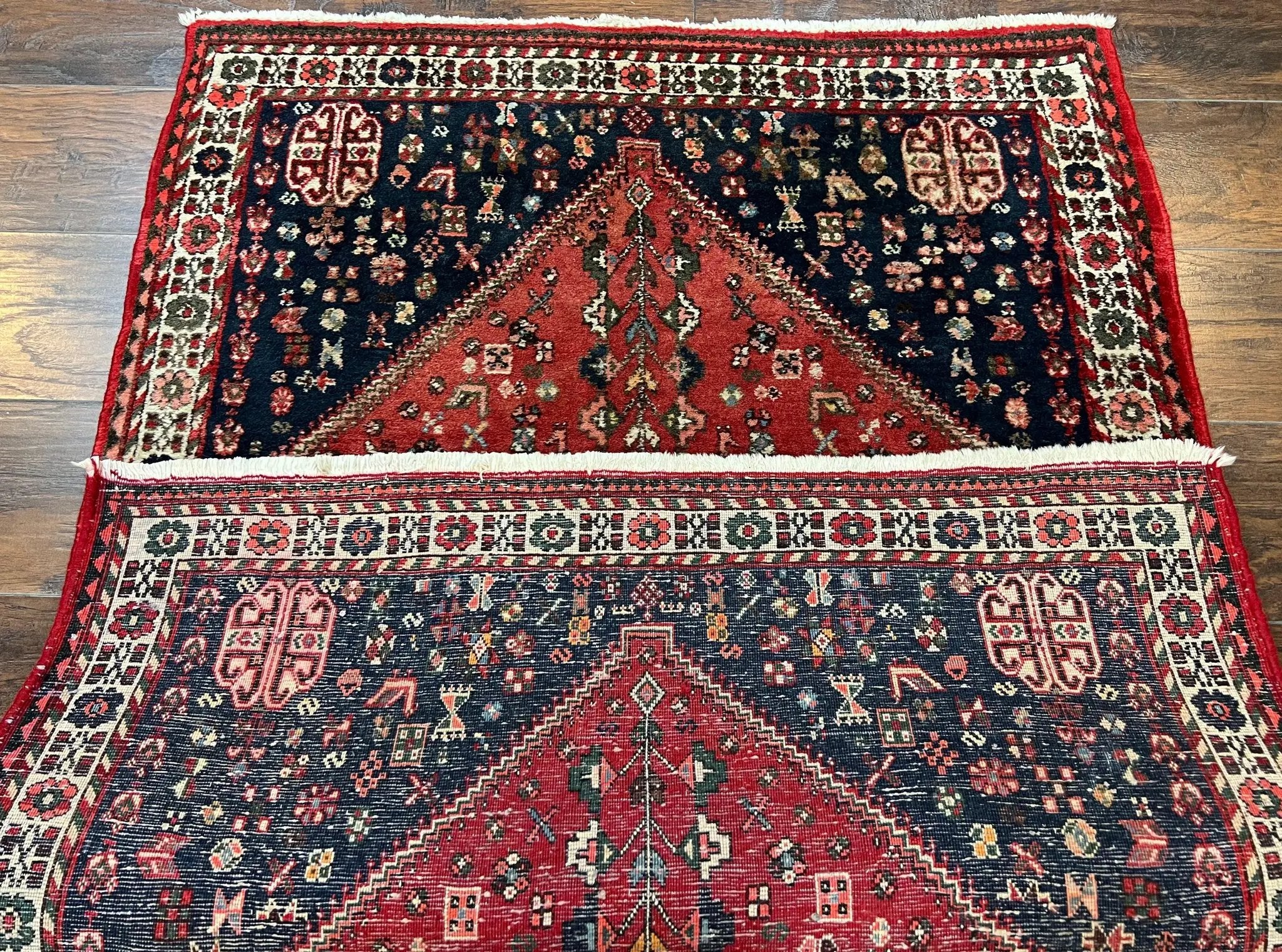 Persian Tribal Rug 3.6 x 5 ft, Persian Abadeh Rug, Geometric Medallion Bird Motifs, Red and Navy Blue Hand Knotted Handmade Wool Vintage Oriental Carpet by Jewel Rugs
