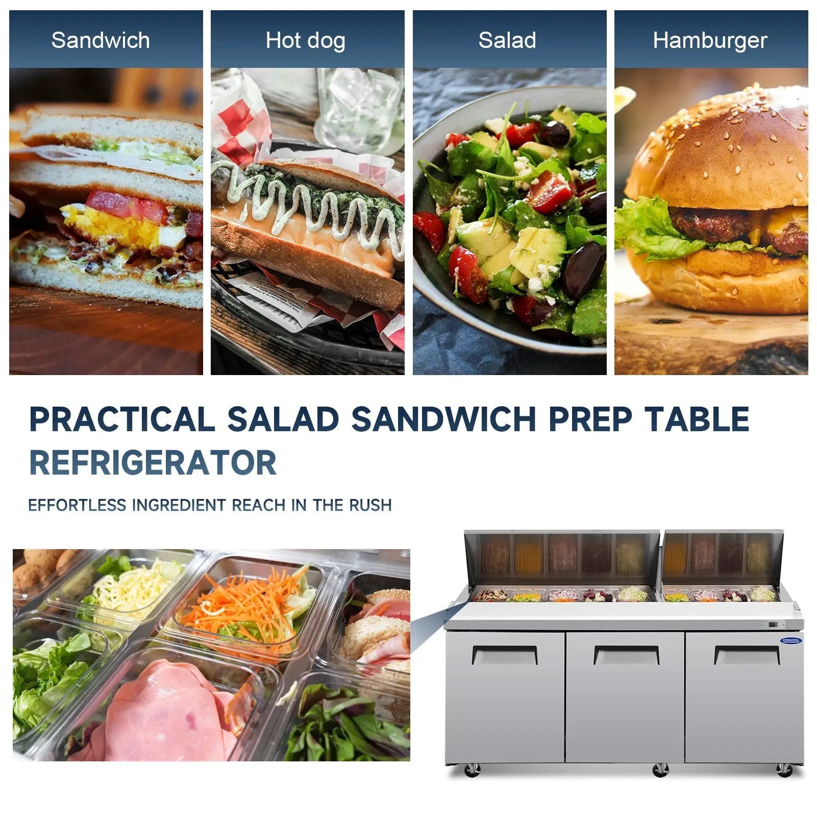 72" Width Commercial Refrigerators Sandwich & Salad Prep Table with a Butcher Block Cutting Board by Chery Industrial