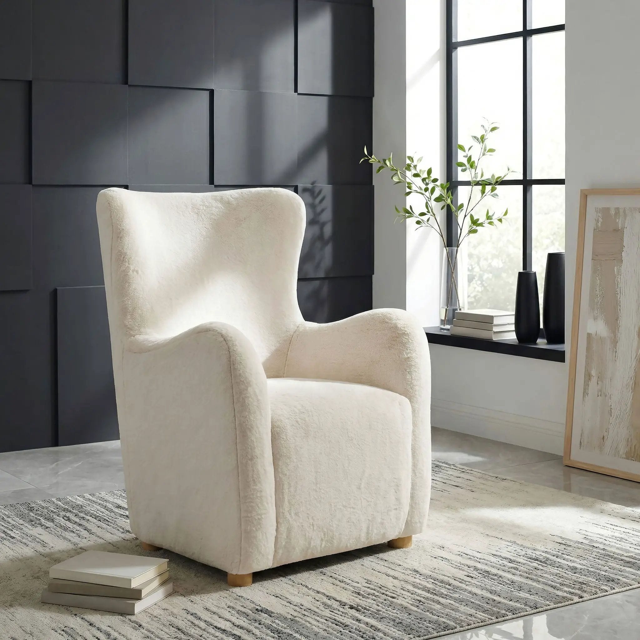Thornton Faux Fur Upholstered Wingback Lounge Accent Chair Cream by Unique Piece Furniture
