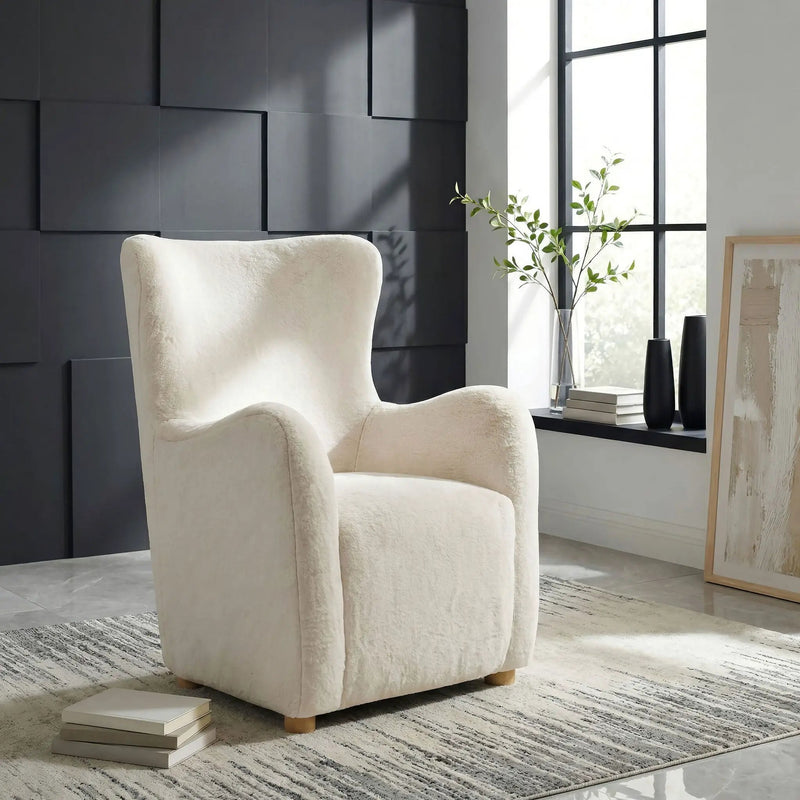 Thornton Faux Fur Upholstered Wingback Lounge Accent Chair Cream by Unique Piece Furniture