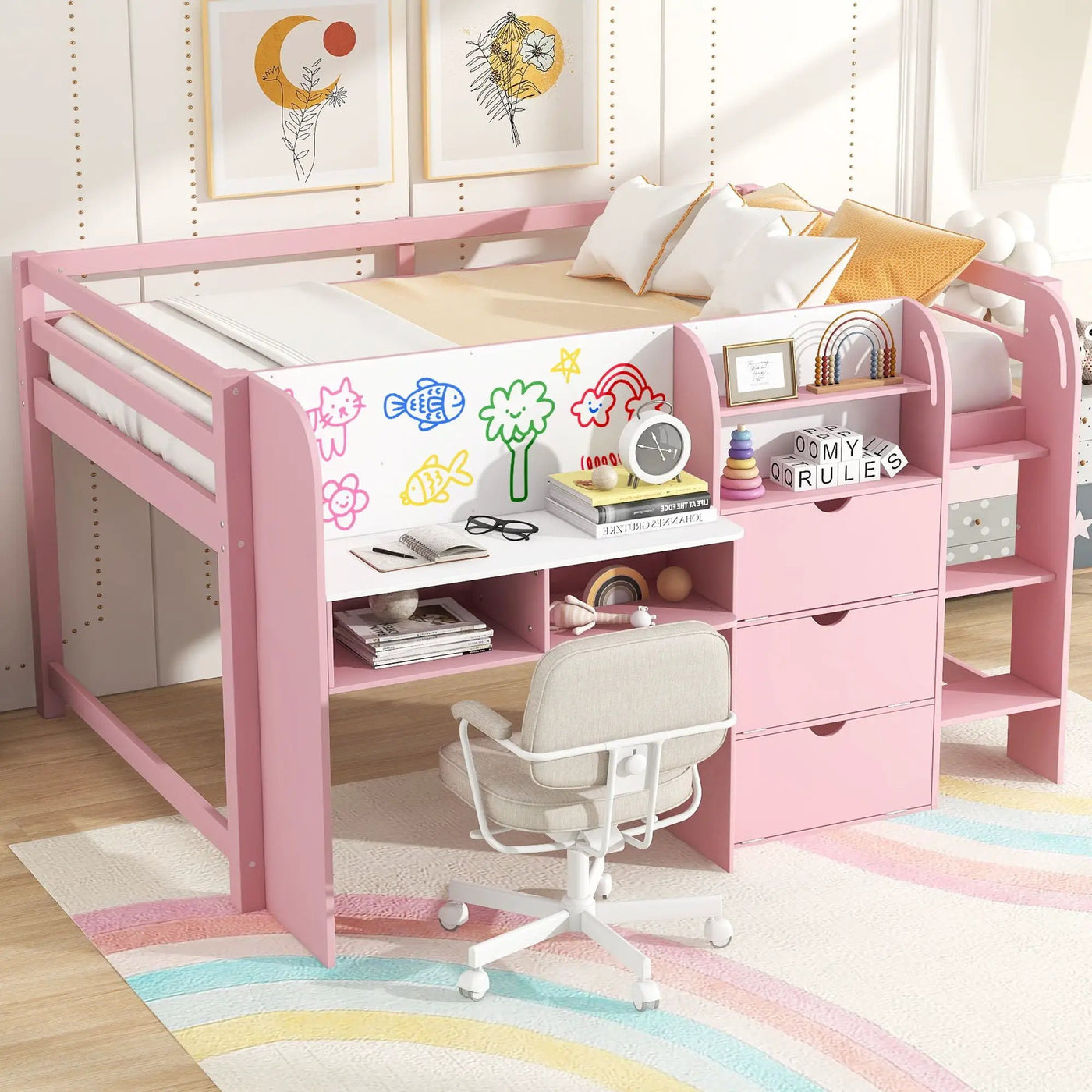 Low Loft Bed With Built In Desk, Storage Cabinets, Open Bookcase And Doodle board by HouseOfZazla