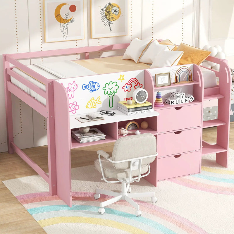 Low Loft Bed With Built In Desk, Storage Cabinets, Open Bookcase And Doodle board by Unique Piece Furniture