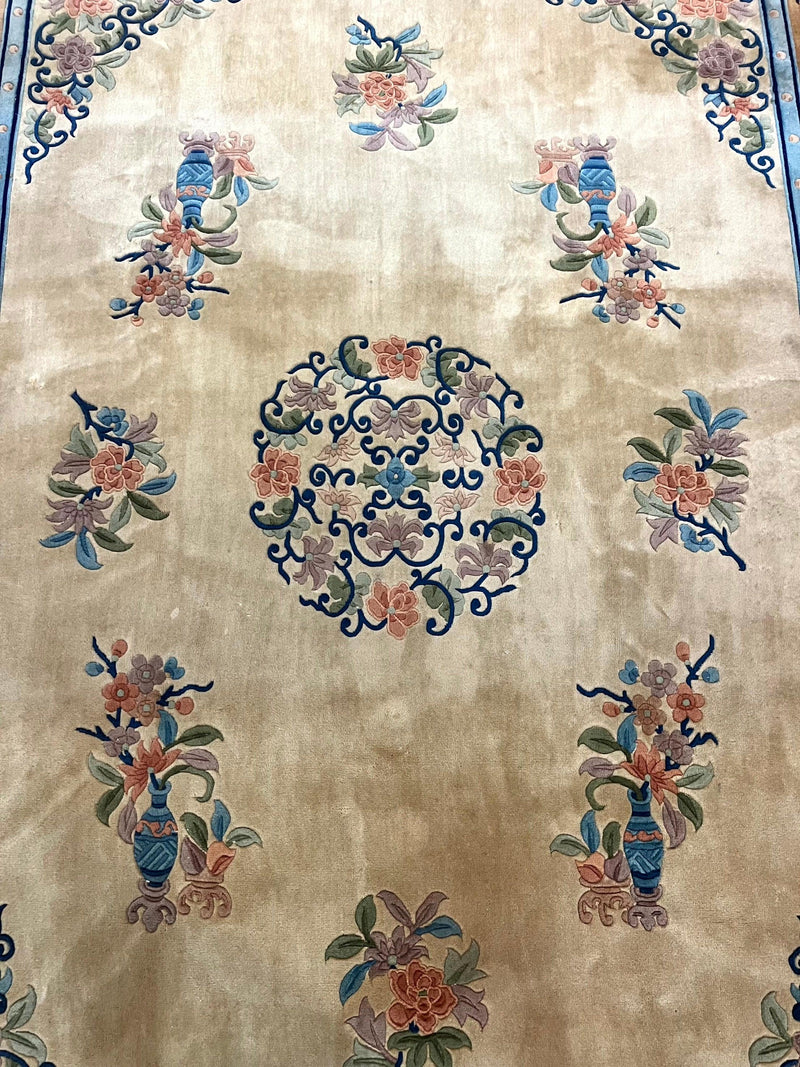 Chinese Wool Rug 8x11, Peking Asian Oriental Carpet, Cream/Ivory and Blue, Vintage Handmade Rug, Art Deco Rug by Jewel Rugs