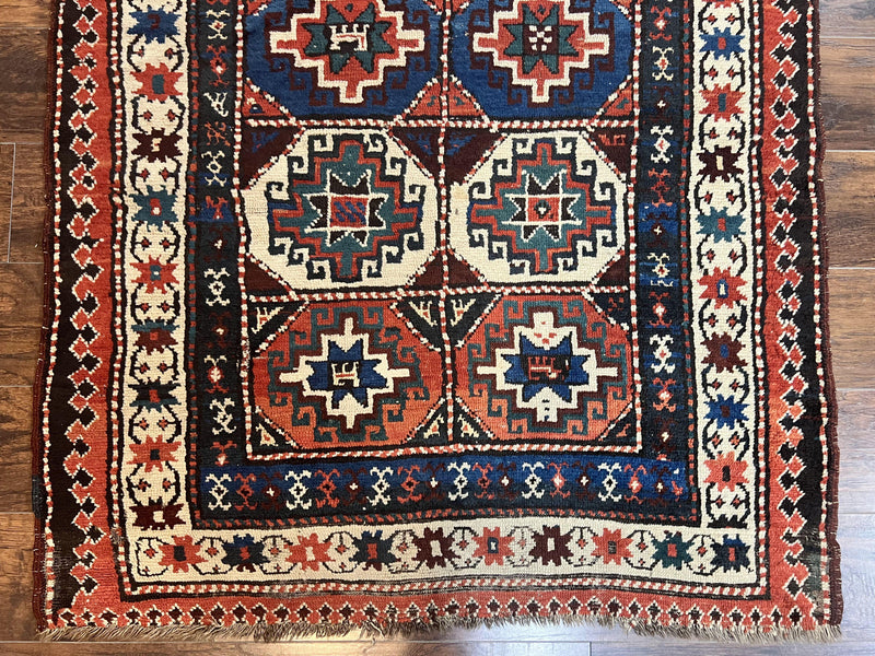 Antique Caucasian Kazak Runner Rug 4 x 9.5, Handmade Wool Rug for Hallway, Rare Colorful Panel Design Mid 19th Century 1870s Oriental Carpet by Jewel Rugs