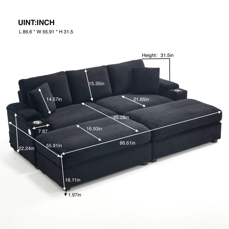 Convertible Sectional Sofa Bed Set With Armrest Storage, Cup Holder, USB - Black by Unique Piece Furniture