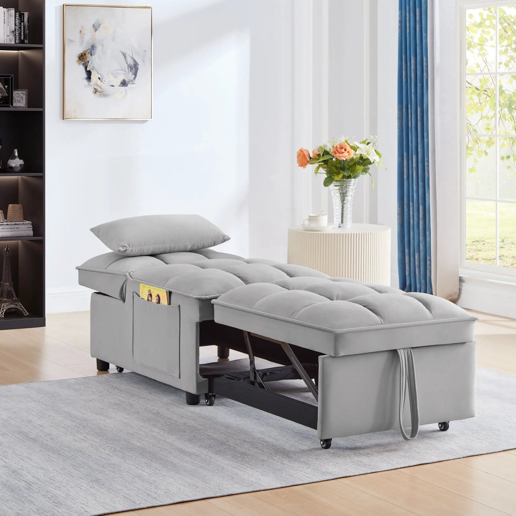 4 in 1 Multi-Function Single Sofa Bed with Storage Pockets Gray by HouseOfZazla