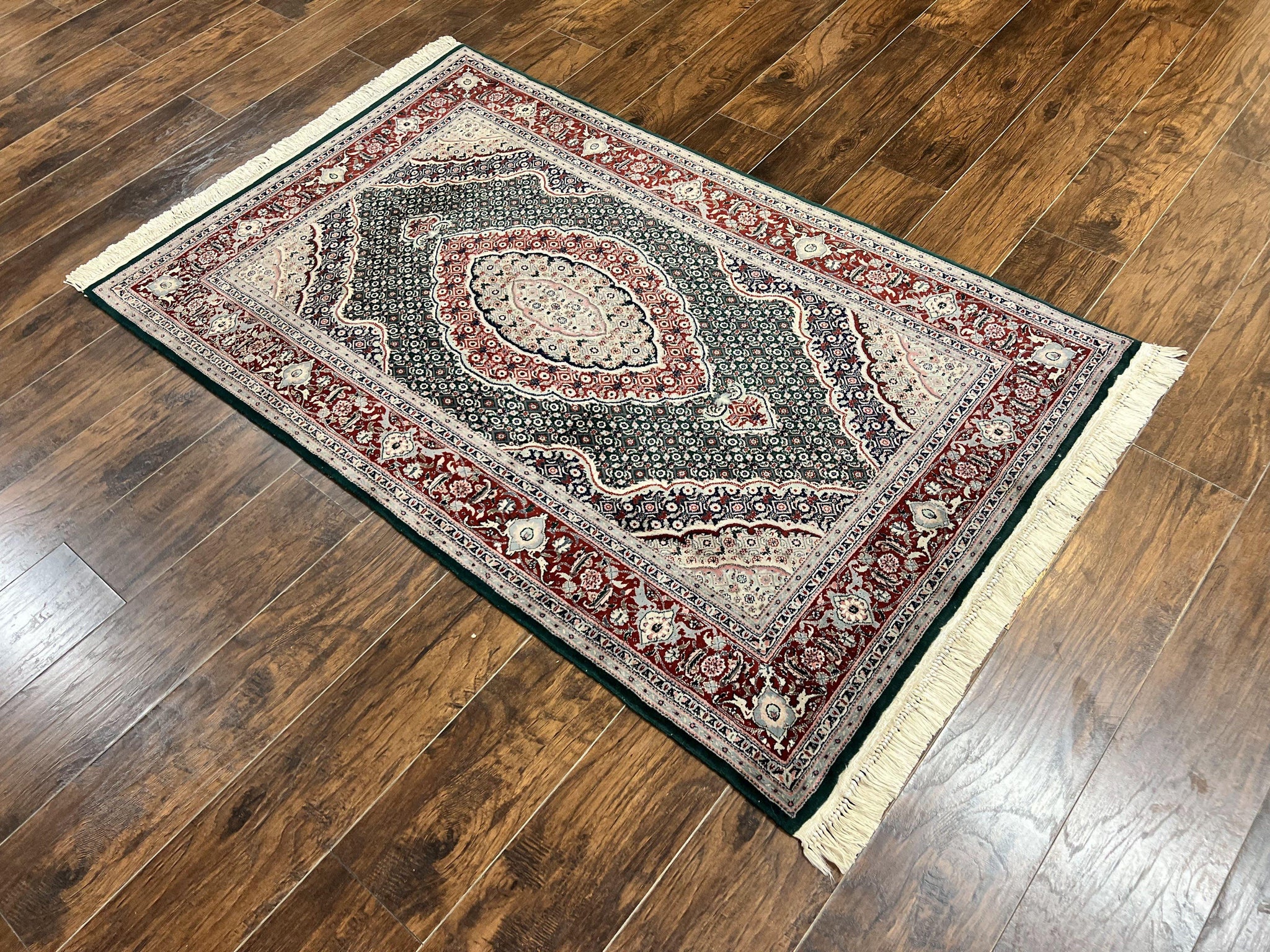 Sino Persian Rug 4x6, Wool with Silk Highlights, Fine Hand Knotted Carpet, Green & Maroon Red, Herati Medallion, Vintage Rug by Jewel Rugs