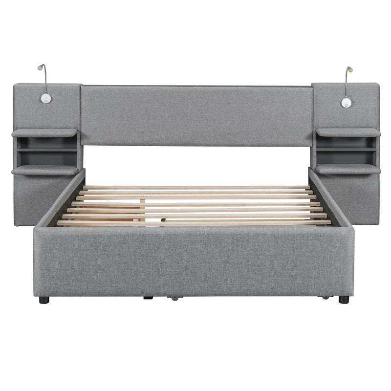 Upholstered Platform Bed With Reading Lights, Drawers, Trundle And Shelves by HouseOfZazla