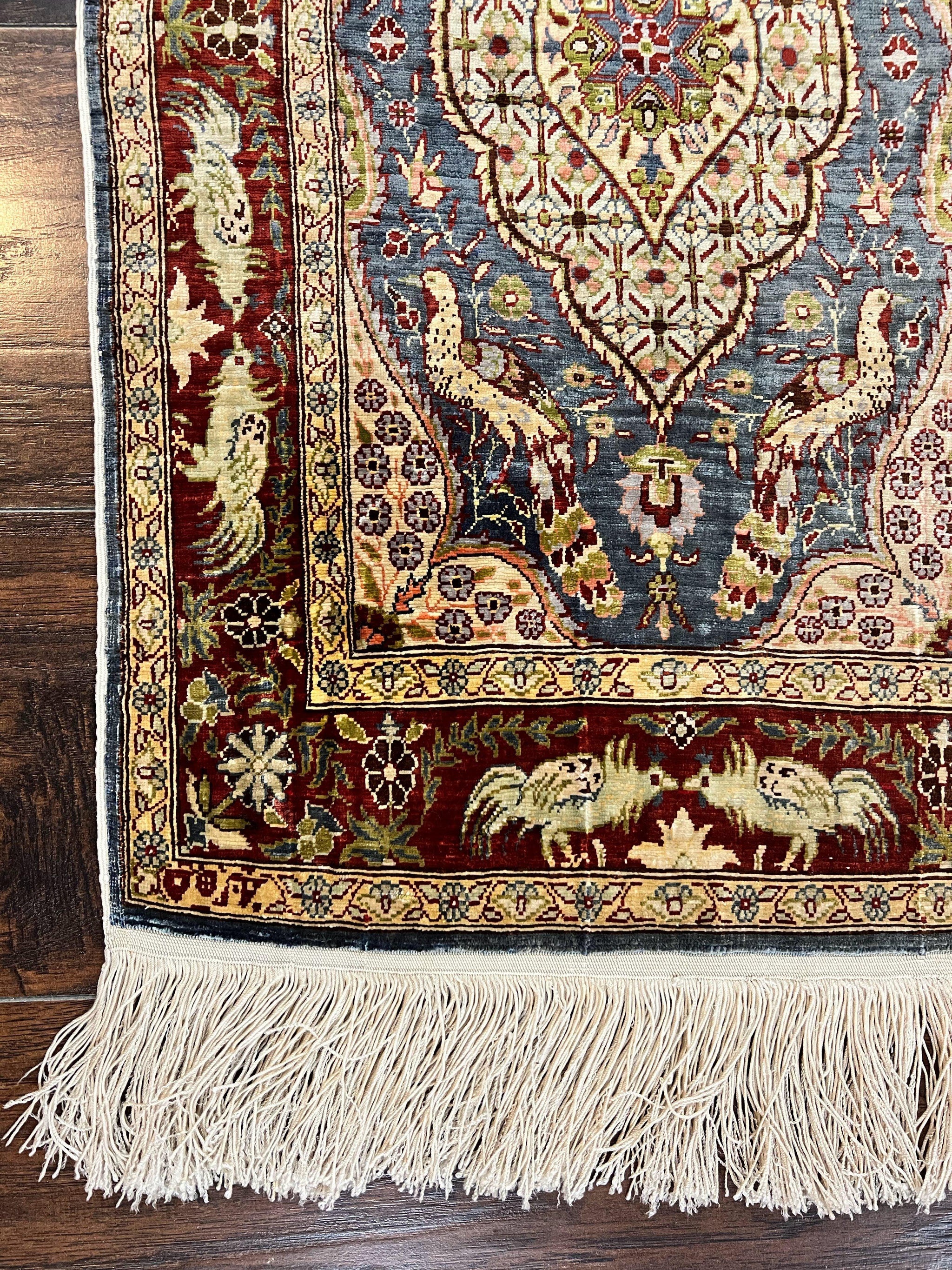 Silk Turkish Hereke Rug 2x3, Peacocks Birds, Signature from Master Weaver, Super Finely Hand Knotted 550 KPSI, Animal Pictorials by Jewel Rugs