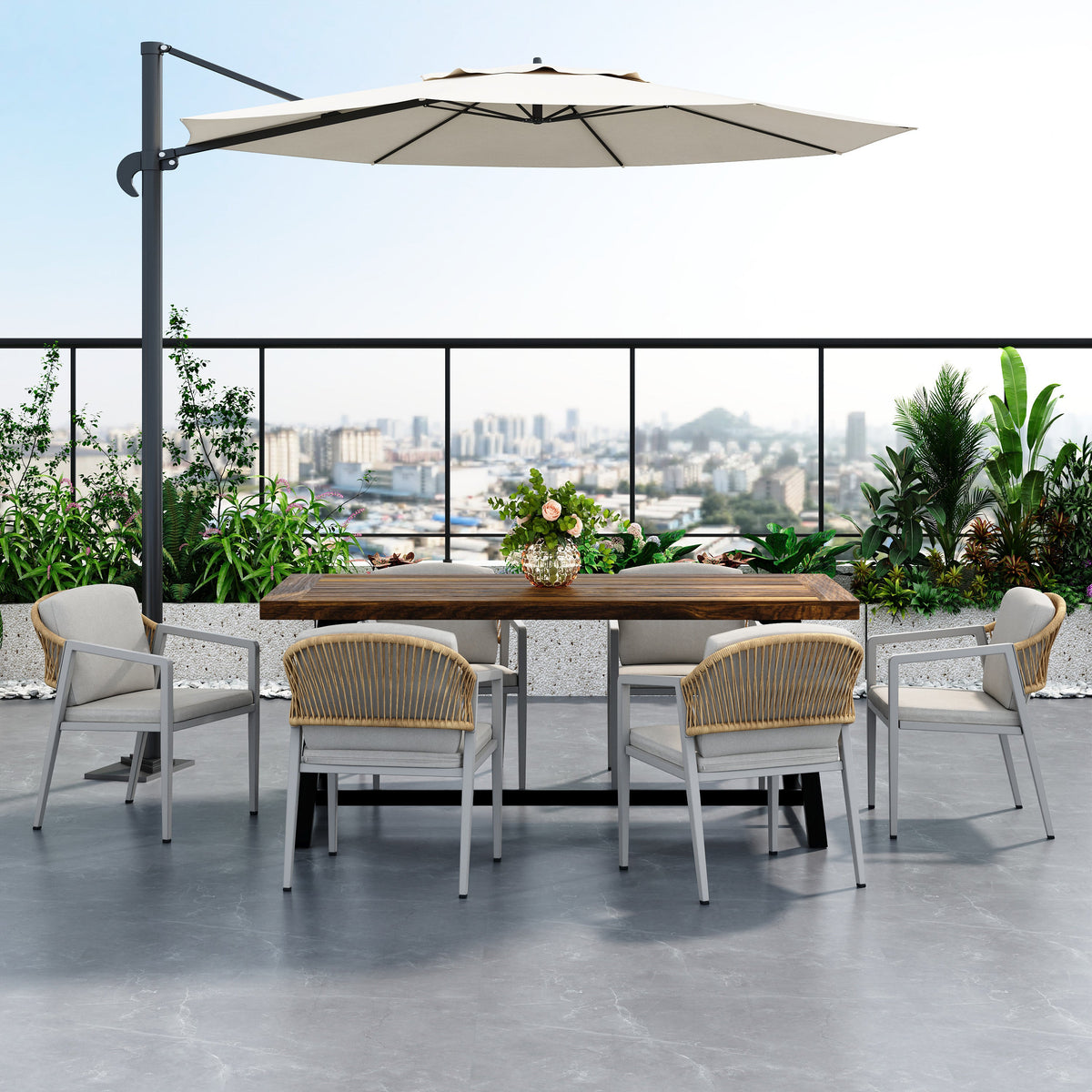 7-Piece Outdoor Dining Set with Expandable Acacia Wood Table and Rope Chairs - Gray, Teak, photo 2 of 10