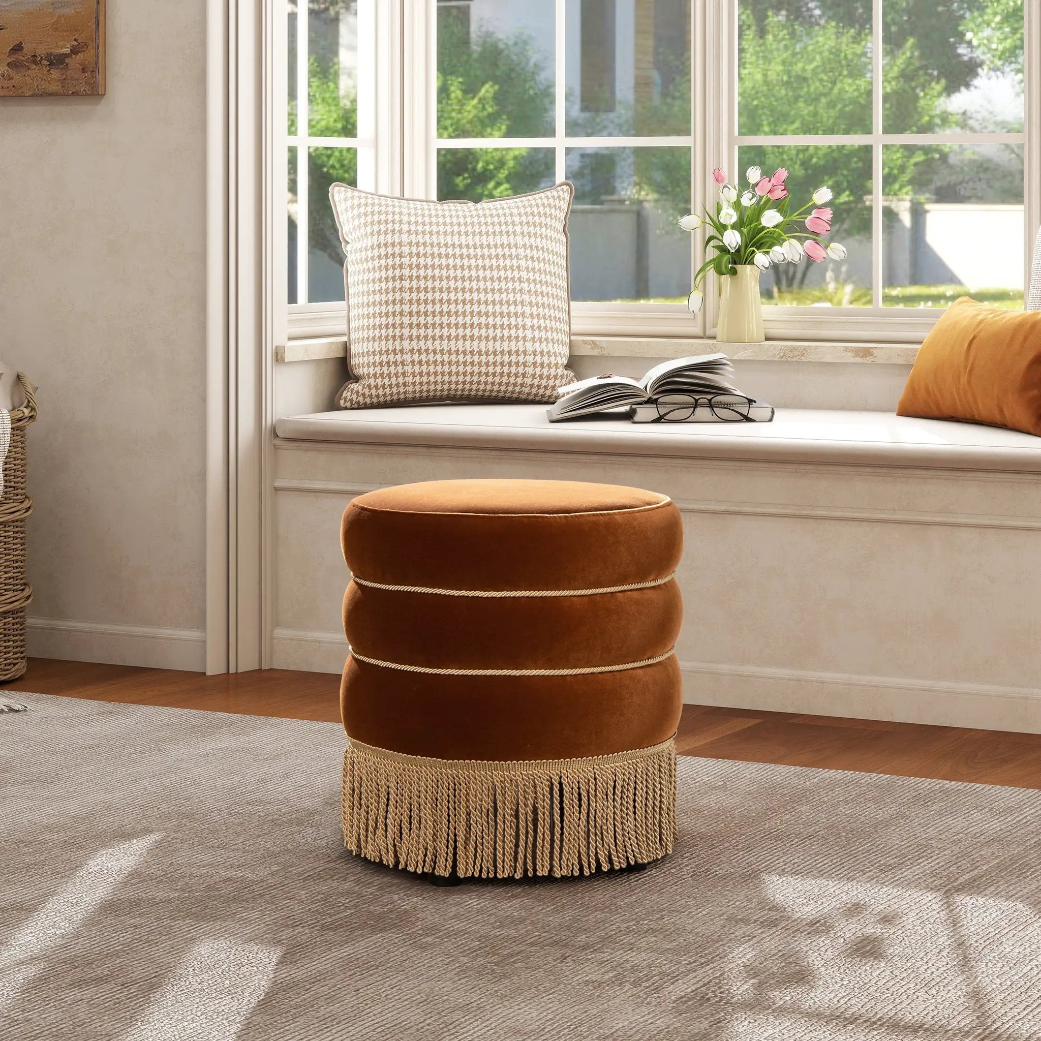 Edward 17.5" Round Upholstered Ottoman with Bullion Fringe Burnt by HouseOfZazla