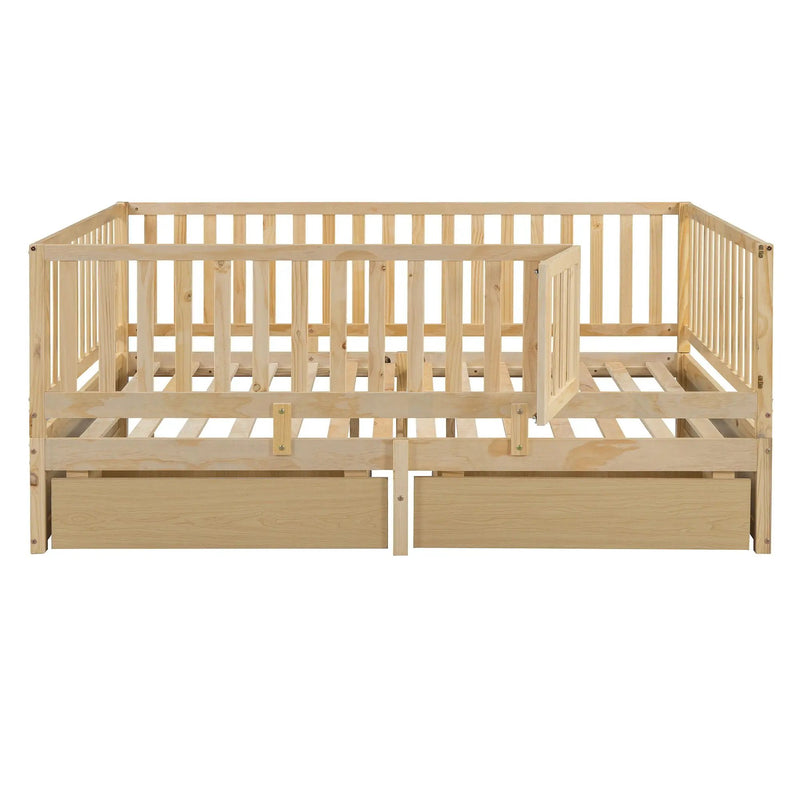 Daybed With Fence Guardrails And 2 Drawers, Split Into Independent Floor Bed & Daybed by HouseOfZazla