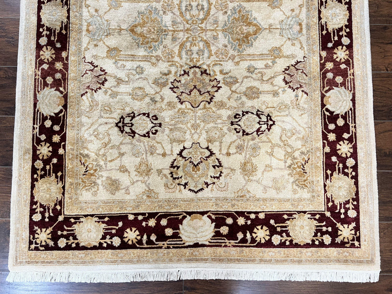 Peshawar Rug 5x7, Beige and Maroon, Vintage Handmade Wool Traditional Carpet 5 x 7 ft, Pakistani Rug, Agra Pattern, Very Fine 260 KPSI by Jewel Rugs