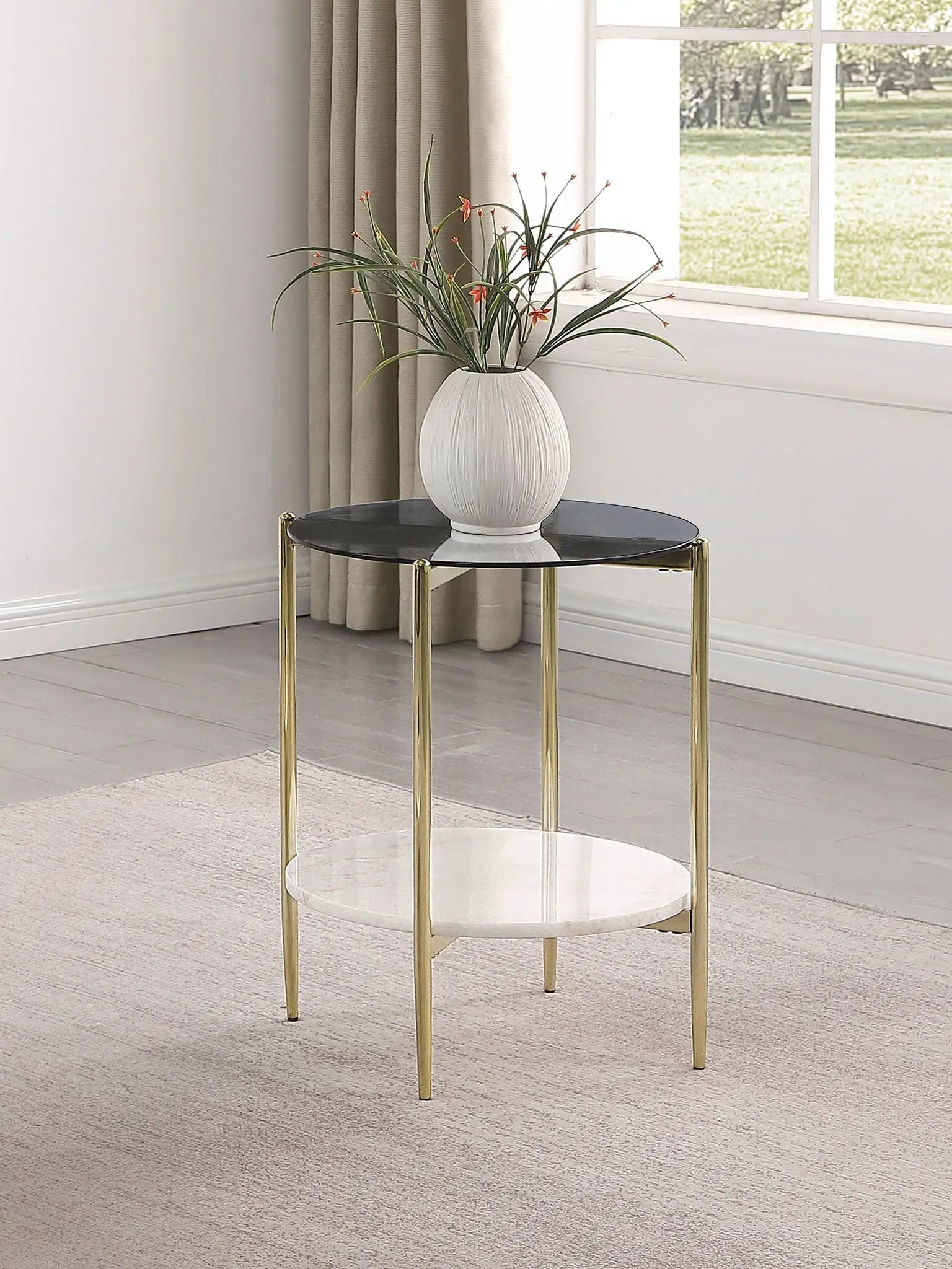 Jonelle Round Glass Top End Table White Marble Shelf Gold by Unique Piece Furniture