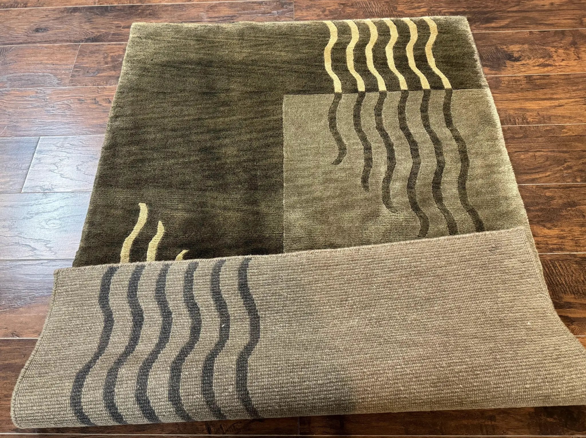 Modern Tibetan Wool Rug 3.6 x 5.6, Shades of Green, Abstract Design by Jewel Rugs