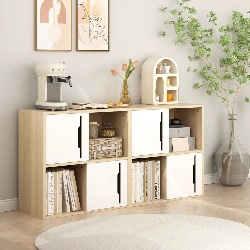 Storage Cabinet With Sliding Doors, 2 Tier Open And Closed Shelves Organizer - Natural / White by Unique Piece Furniture