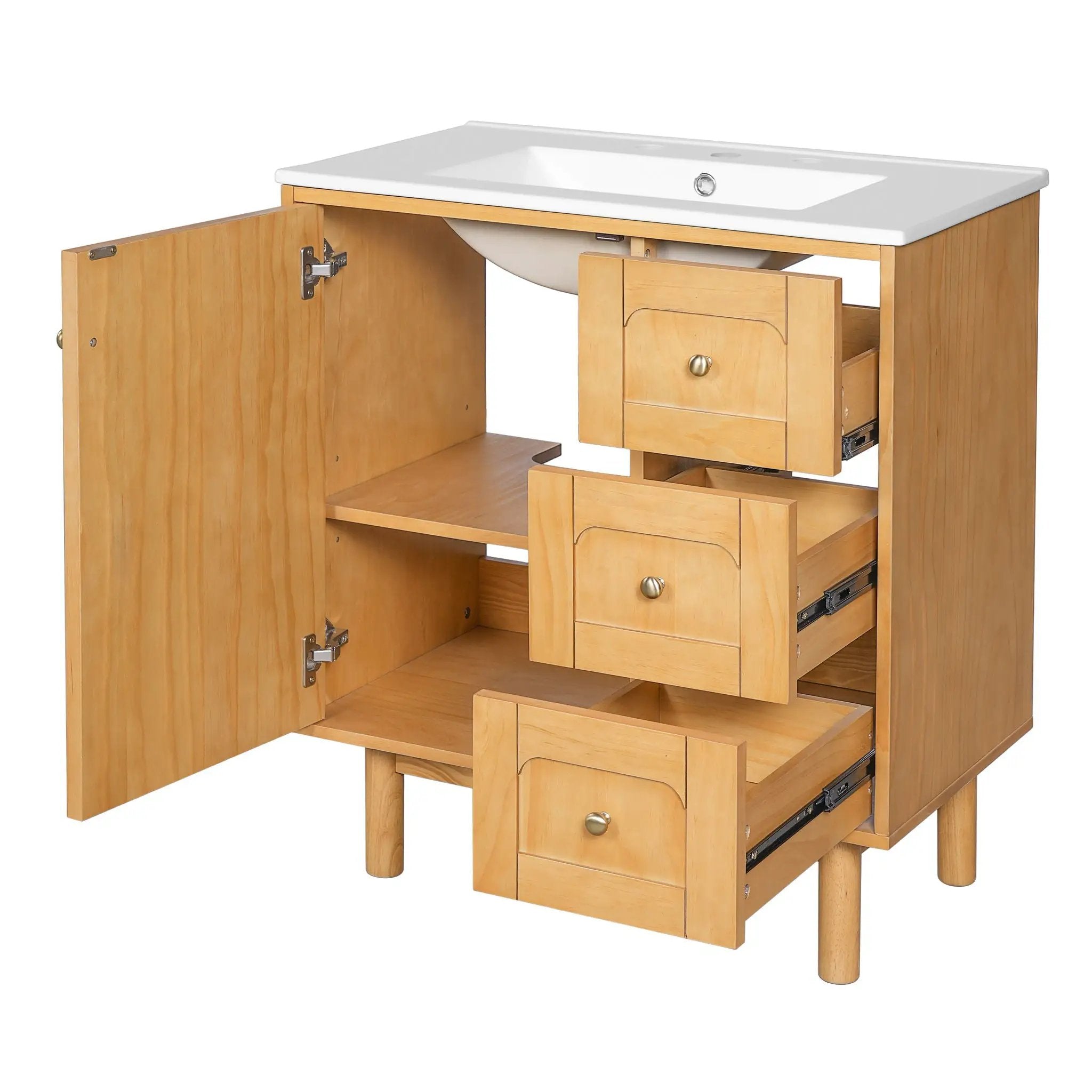 Bathroom Vanity With Sink, 3 Drawers, Soft Close Door - Natural Wood by HouseOfZazla
