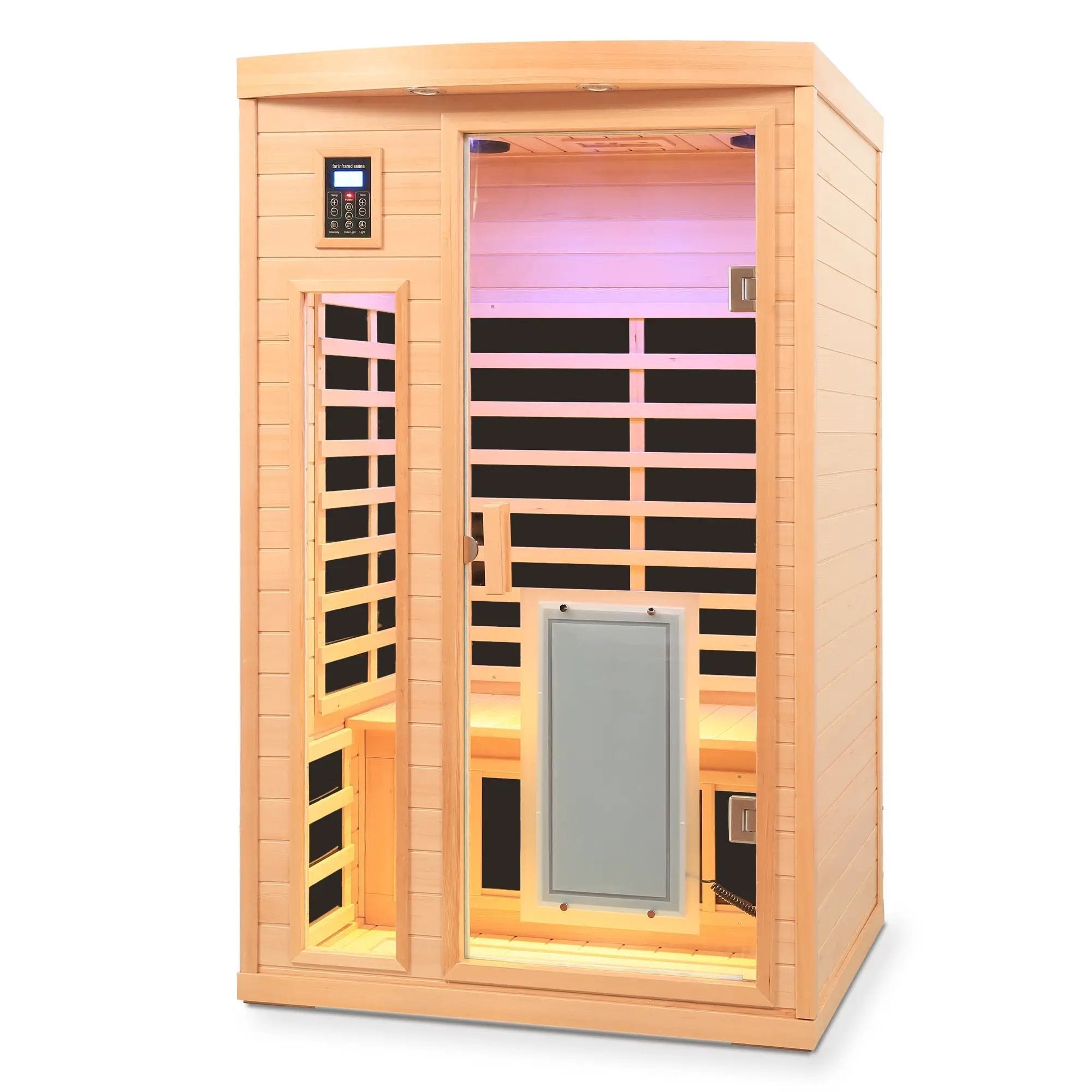 Low EMF, There is also a heating plate on the glass door, Hemlock wood Far-infrared indoor Two person sauna room by HouseOfZazla