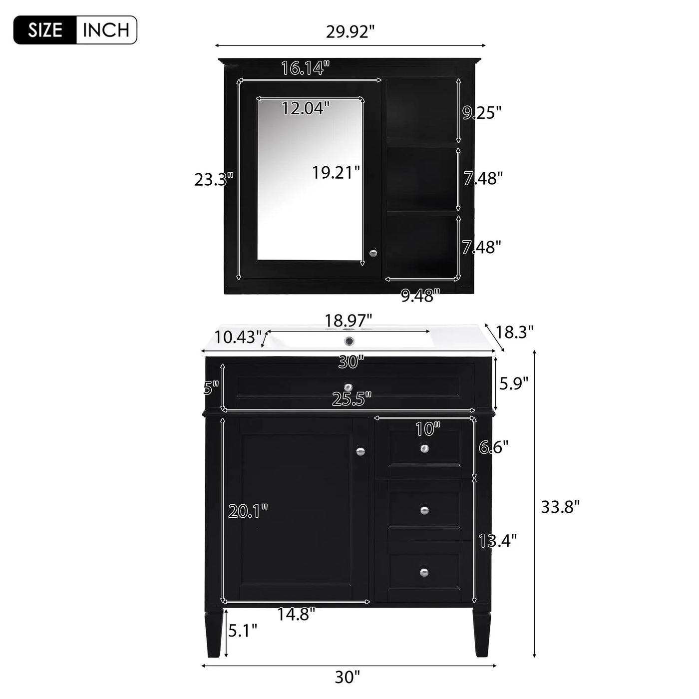 Bathroom Vanity With Top Sink, 2 Doors And 3 Drawers, Freestanding Set With Mirror Cabinet by HouseOfZazla