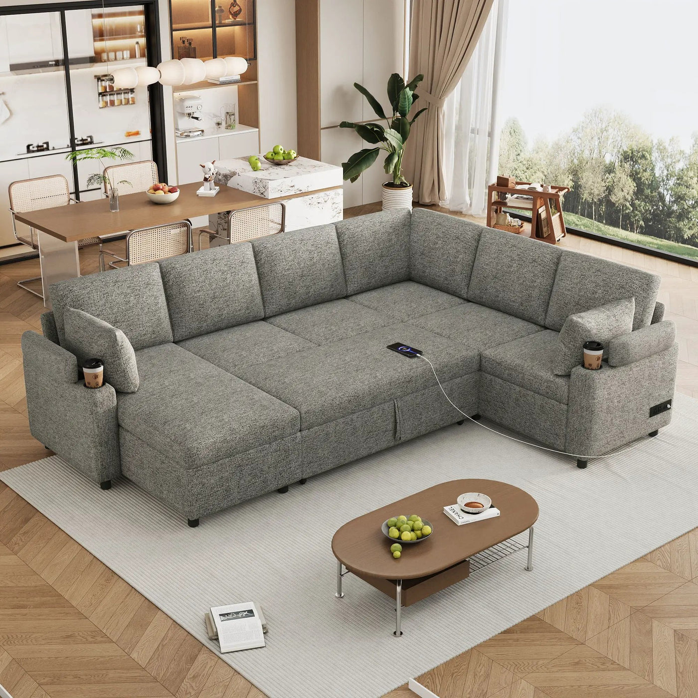 U-Shaped Sectional Sleeper Sofa With Ample Storage Space, 2 Cup Holders And Charging Ports For Living Room by HouseOfZazla