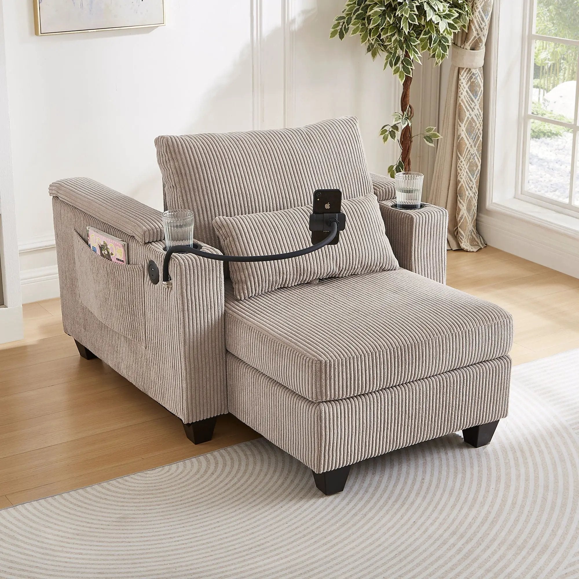 Convertible Chaise Lounge Sofa Chair With USB Ports, Cup Holders, Phone Holder And Storage by HouseOfZazla