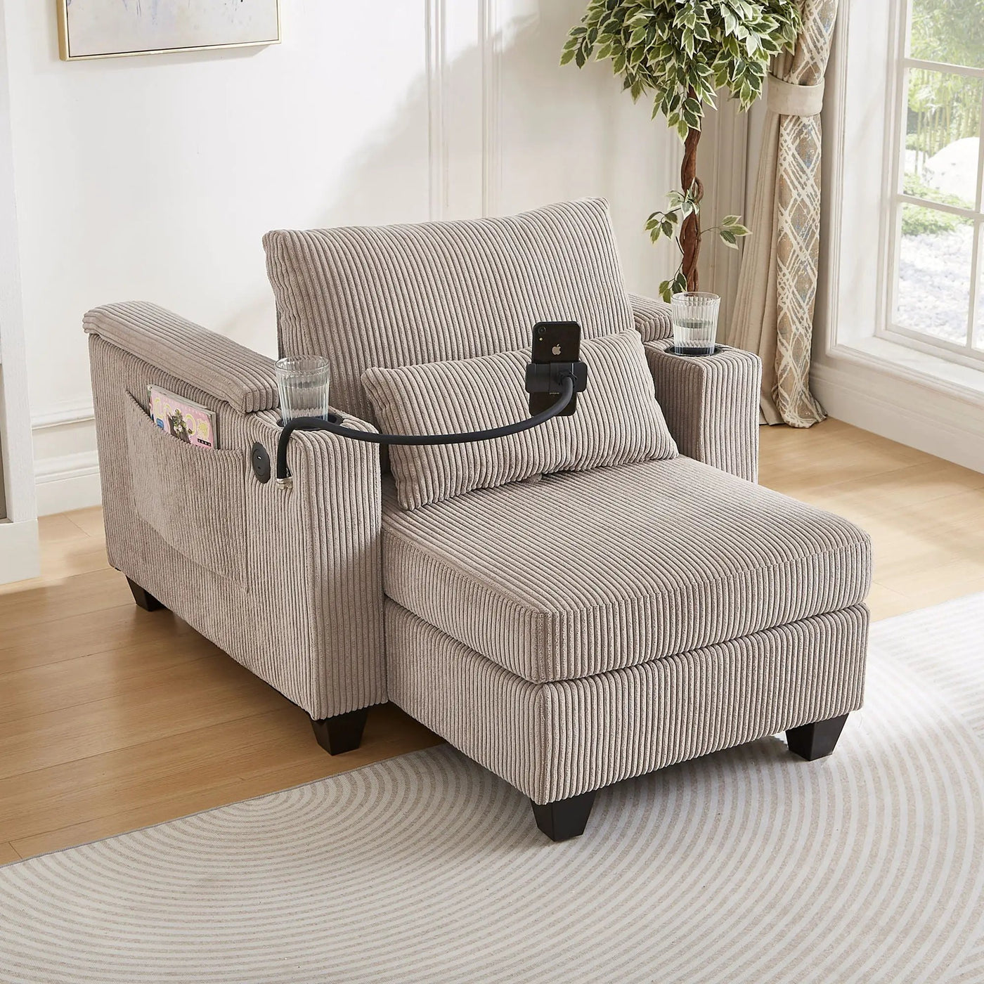 Convertible Chaise Lounge Sofa Chair With USB Ports, Cup Holders, Phone Holder And Storage by Unique Piece Furniture